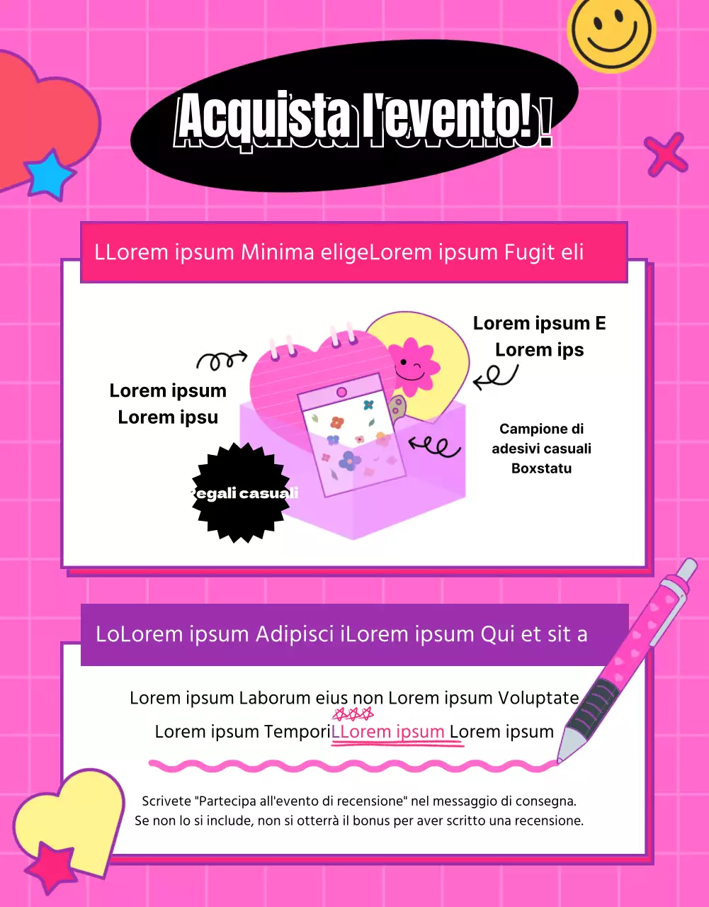 Evento casuale della scatola scritto su una lavagna rosa