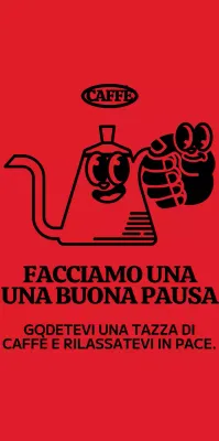 Caffettiera carina e alla moda e personaggio a mano in rosso e nero per il merchandising dei bar
