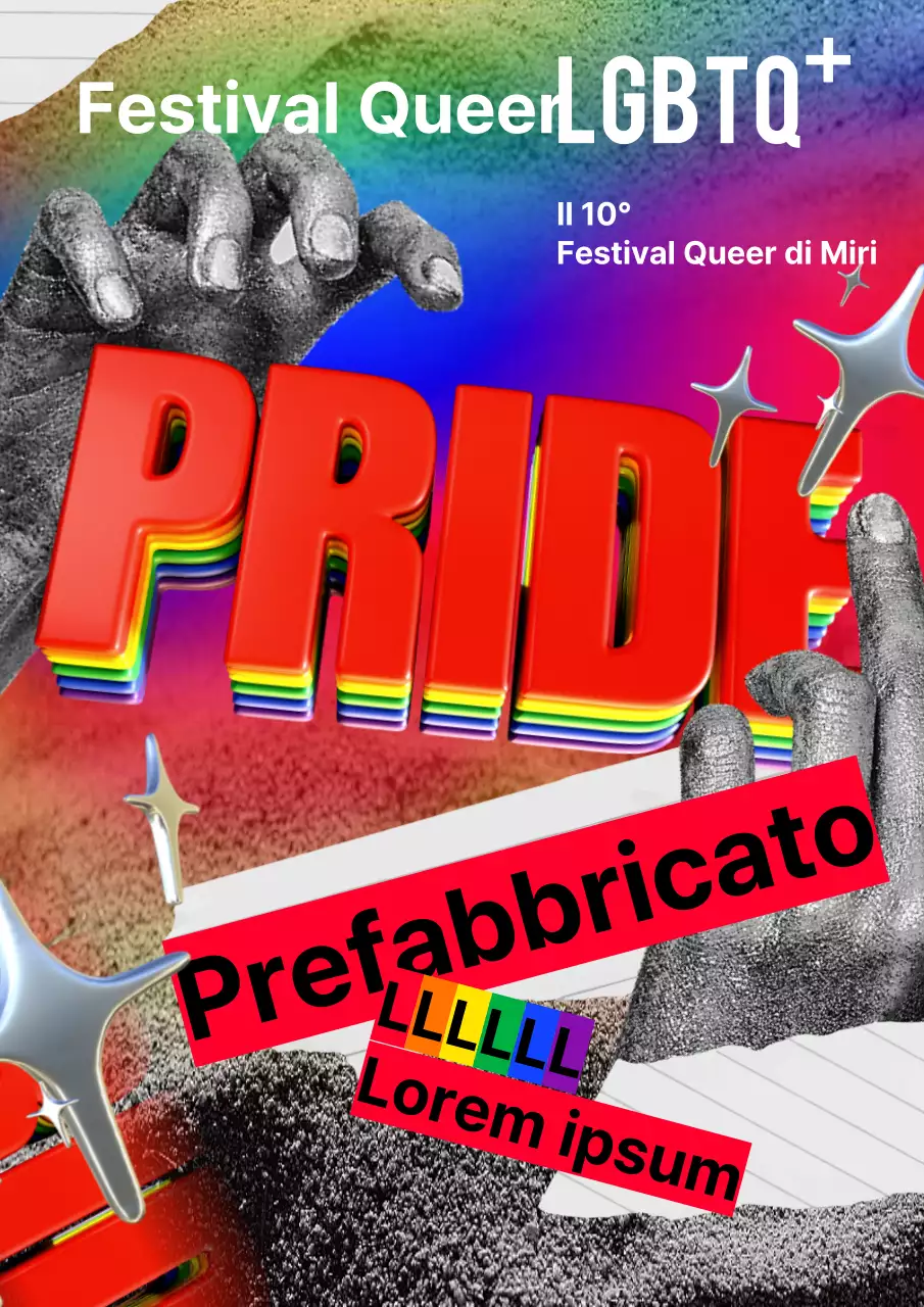 Festival queer in formato collage e testo arcobaleno