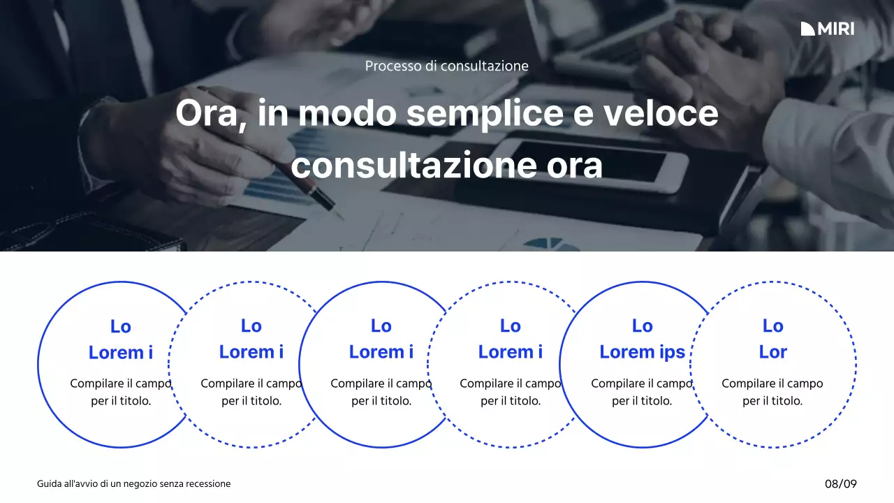 Guida all'avvio di un centro commerciale con schema di colori bianco, blu e nero e layout a griglia
