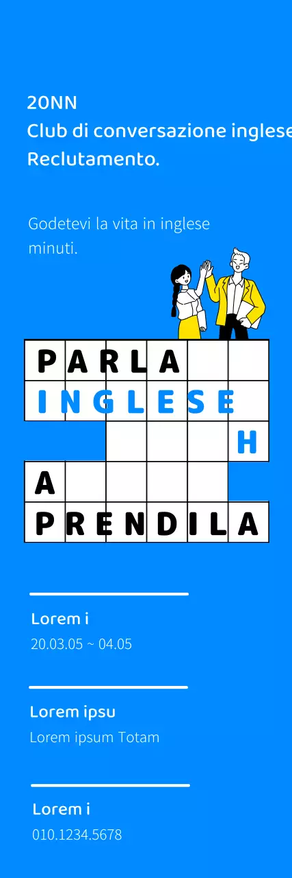 Design per il reclutamento di un club di conversazione inglese con illustrazione al tratto e schema di colori blu