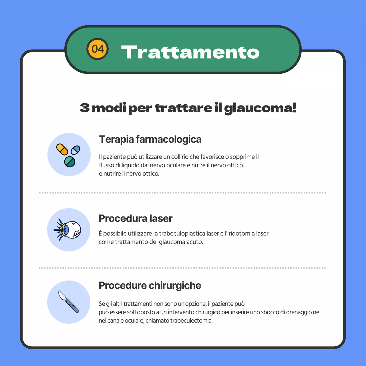 Fornisce informazioni sul glaucoma con evidenziazione del testo in blu