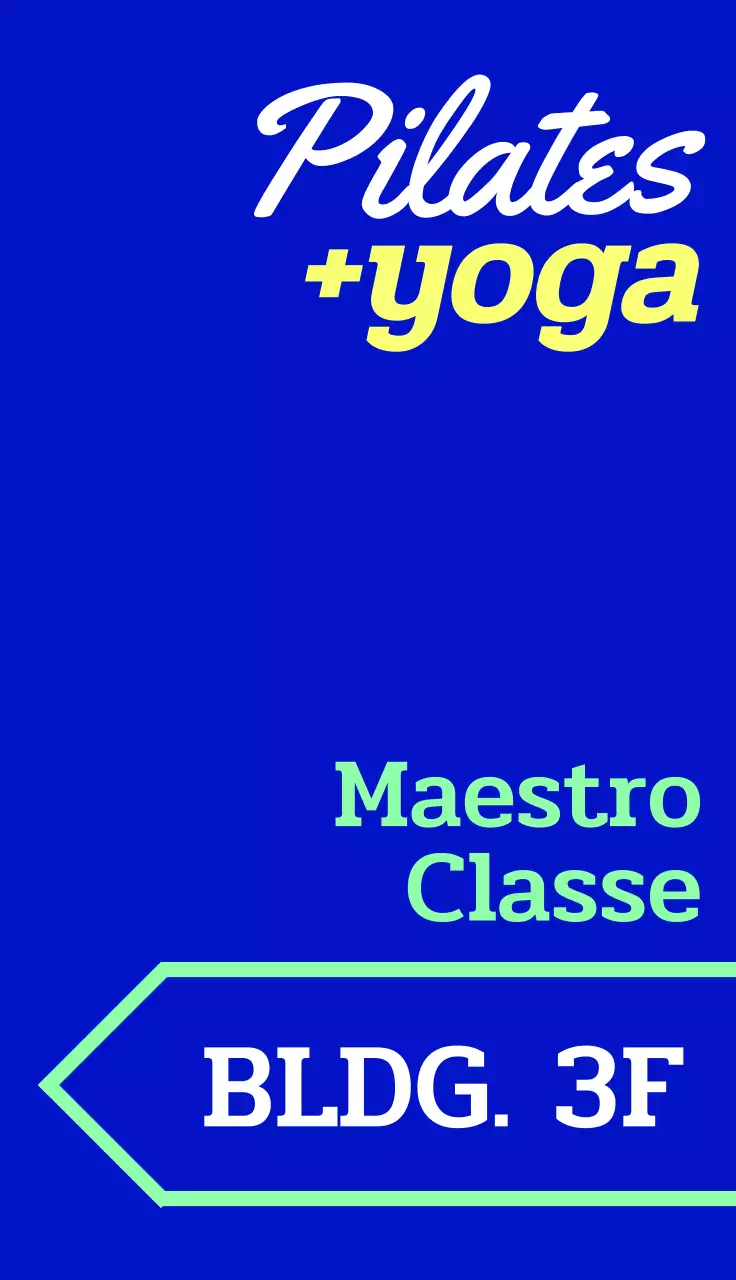 Un cartello promozionale alla moda con testo colorato relativo allo yoga e al pilates e forme di frecce.