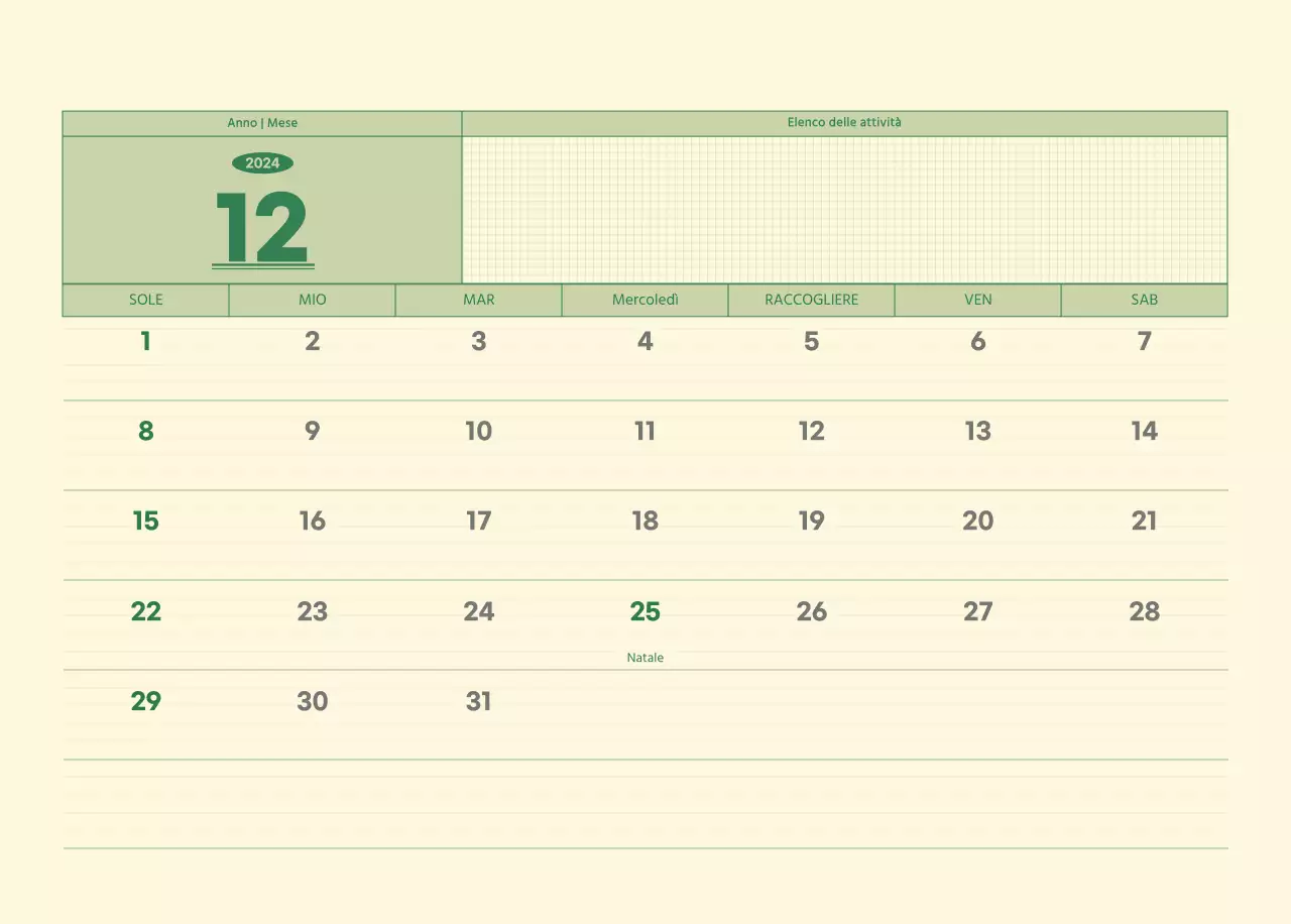 Calendario da parete SAT D-day concept in verde e giallo chiaro