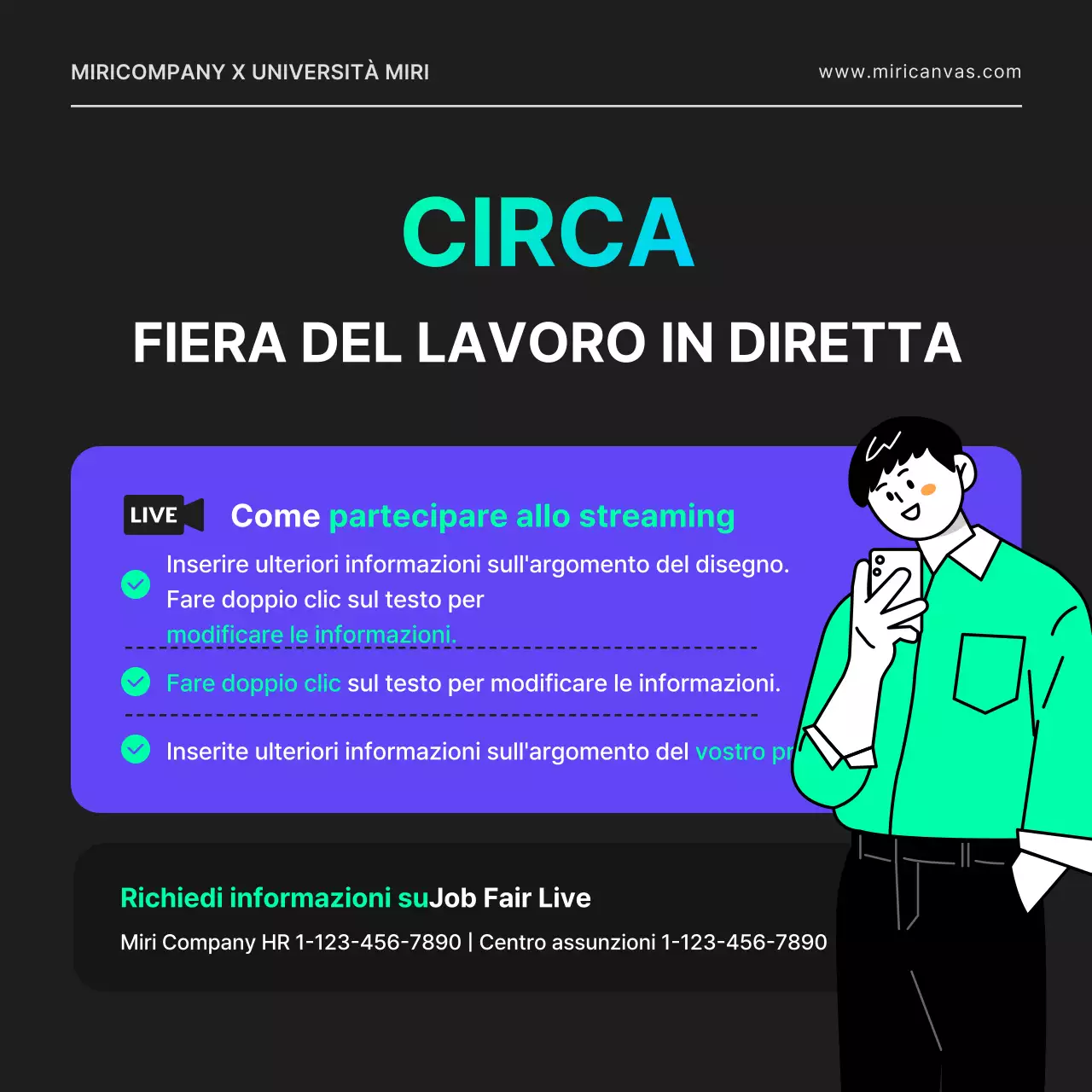 Una fiera del lavoro online per uno sviluppatore IT con un'atmosfera city-pop, caratterizzata da forme geometriche in nero e colori al neon.