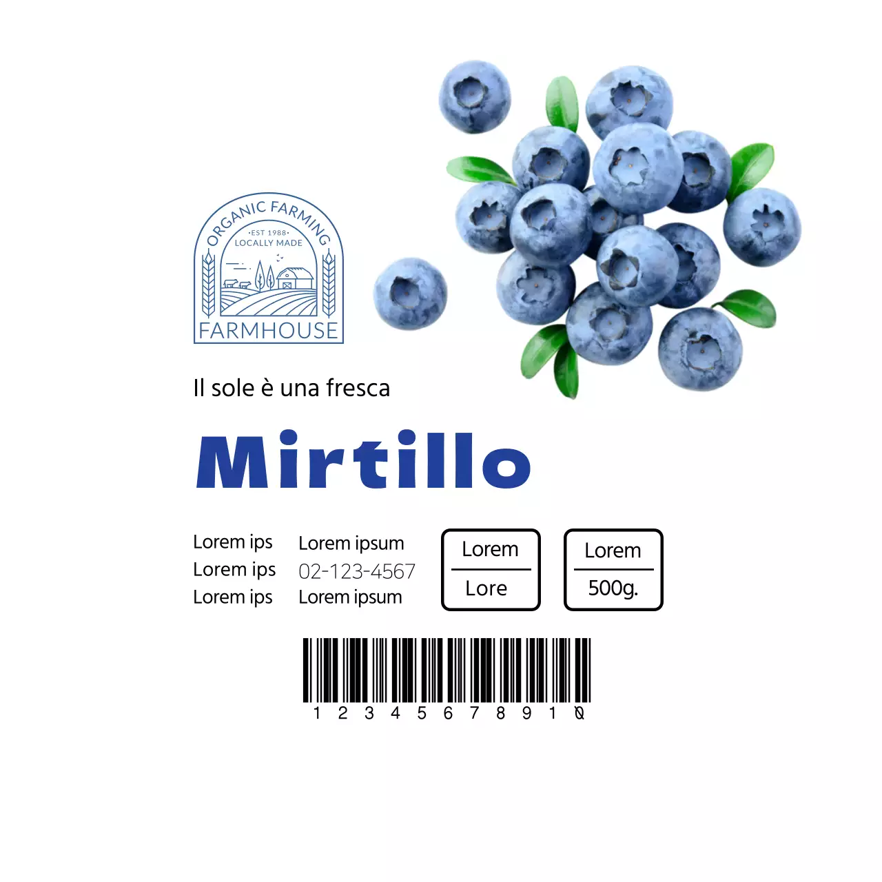 Etichetta bianca per prodotti a base di mirtilli