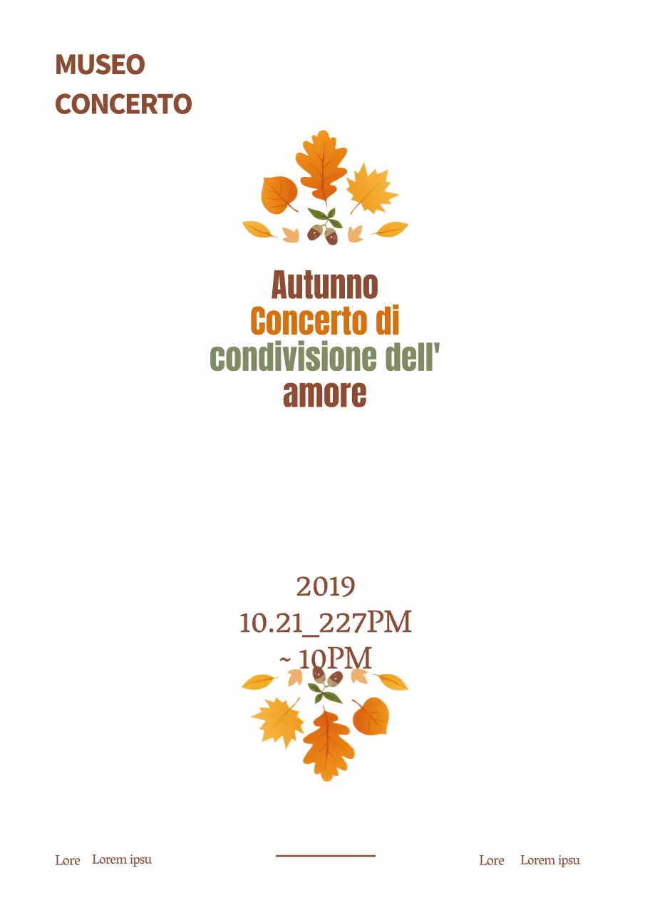 Semplice promozione di un concerto con illustrazione di foglie e bacche cadute in marrone