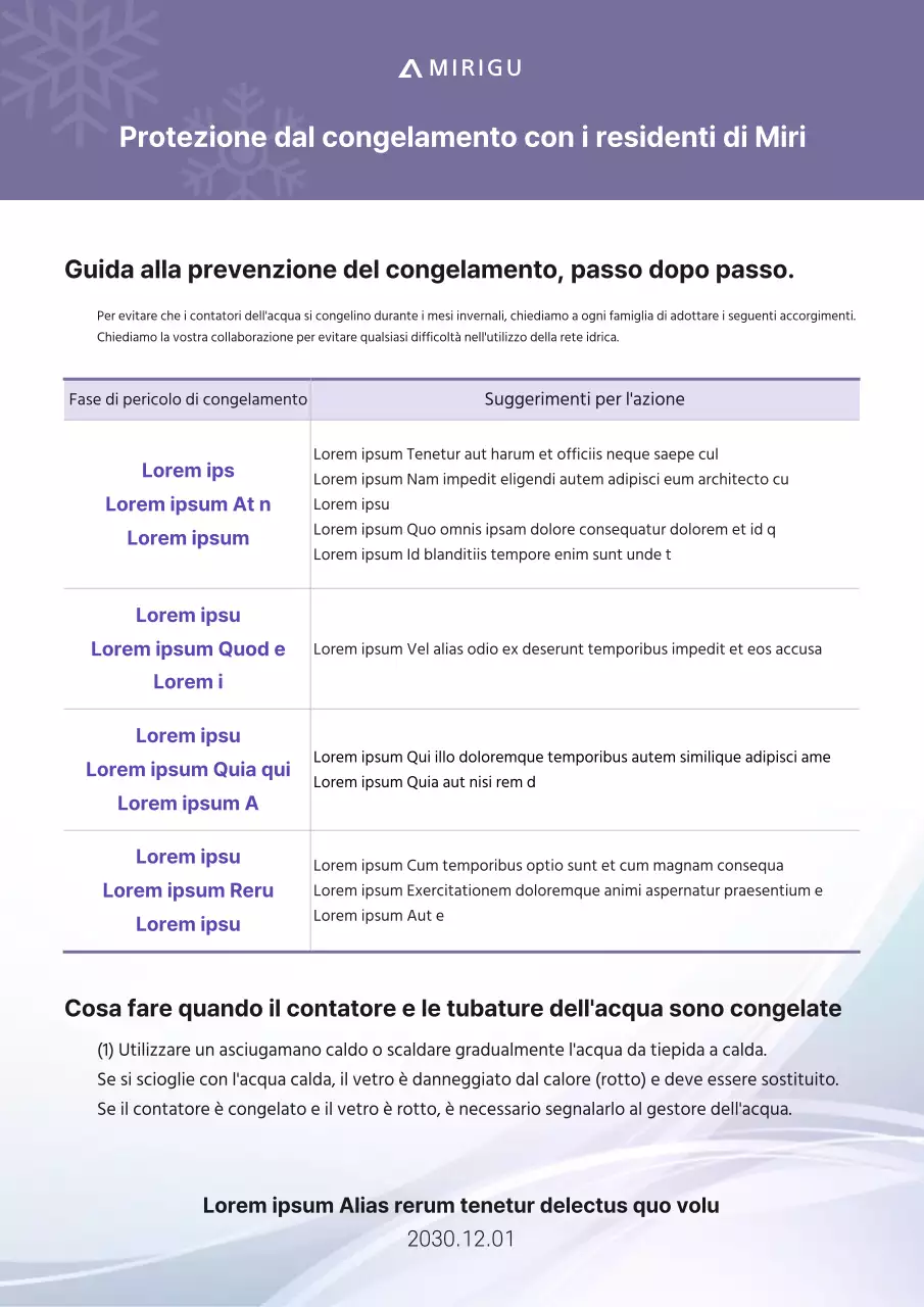 Formattazione di un documento di preavviso di congelamento di colore viola