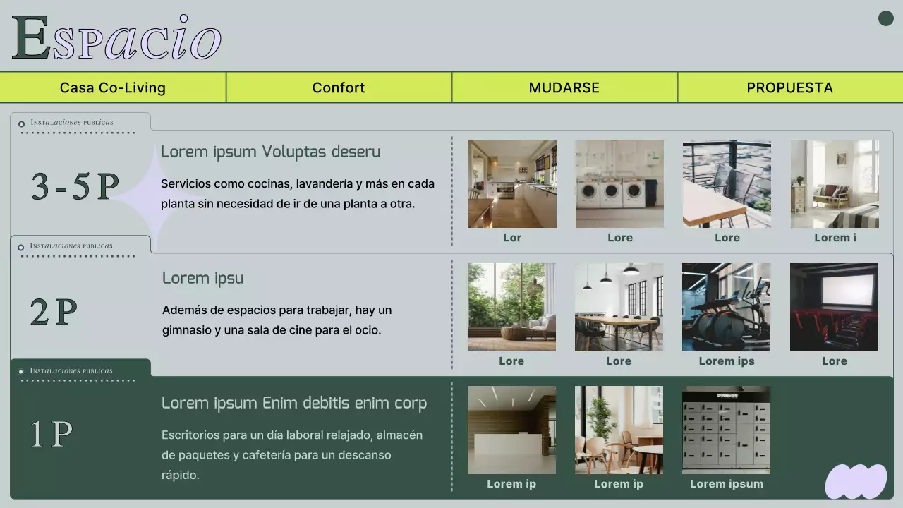 Propuesta de vivienda compartida con fotos y líneas verdes atenuadas