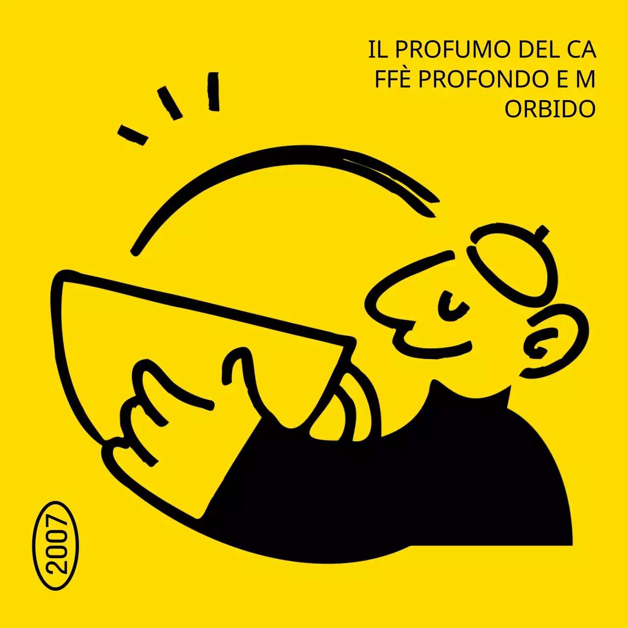 Promuovete un concept cafe alla moda con un'illustrazione gialla e nera in stile graffiti di una persona che beve un caffè.