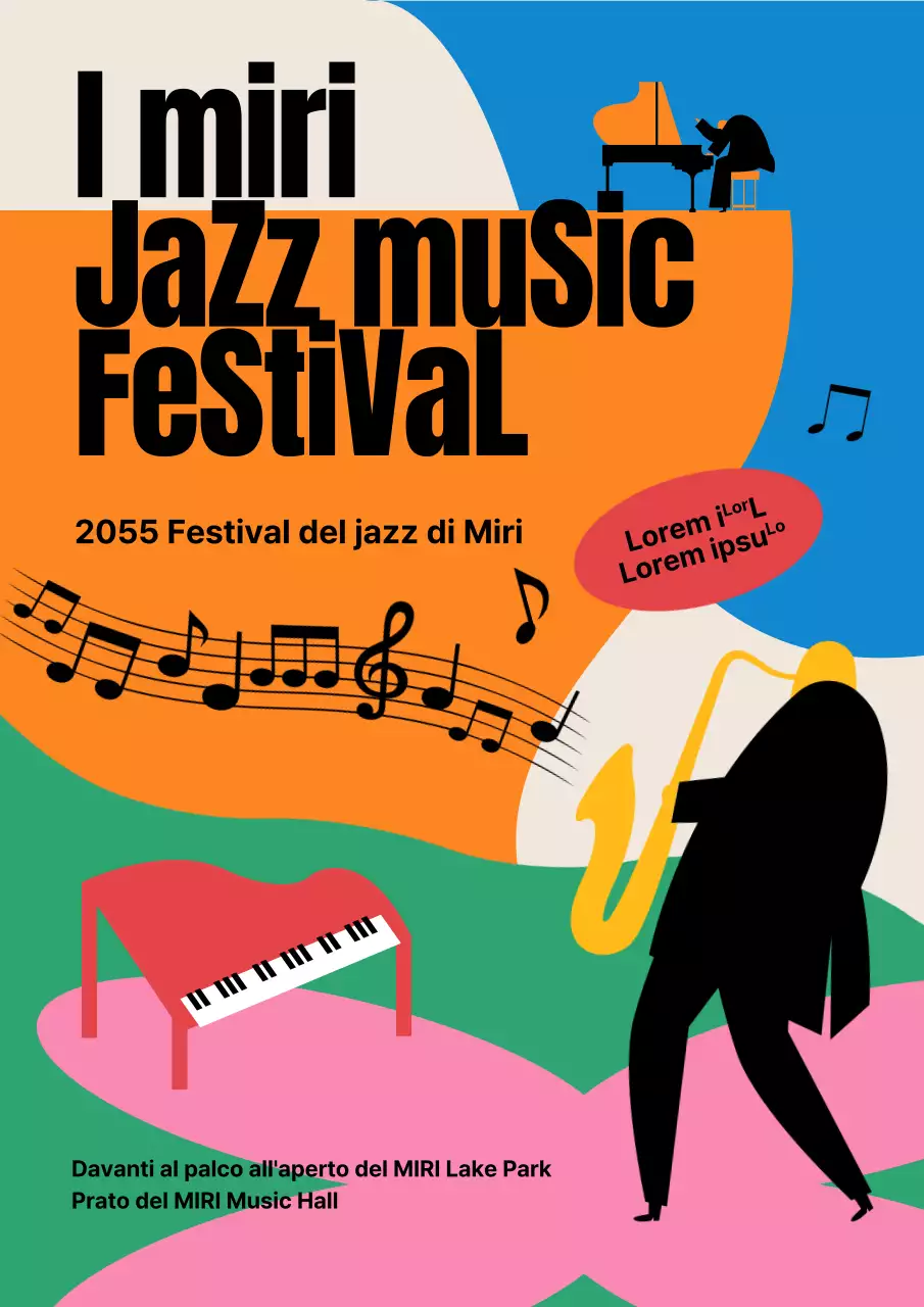 Materiale promozionale kitsch e jazz in arancione, verde e rosa.