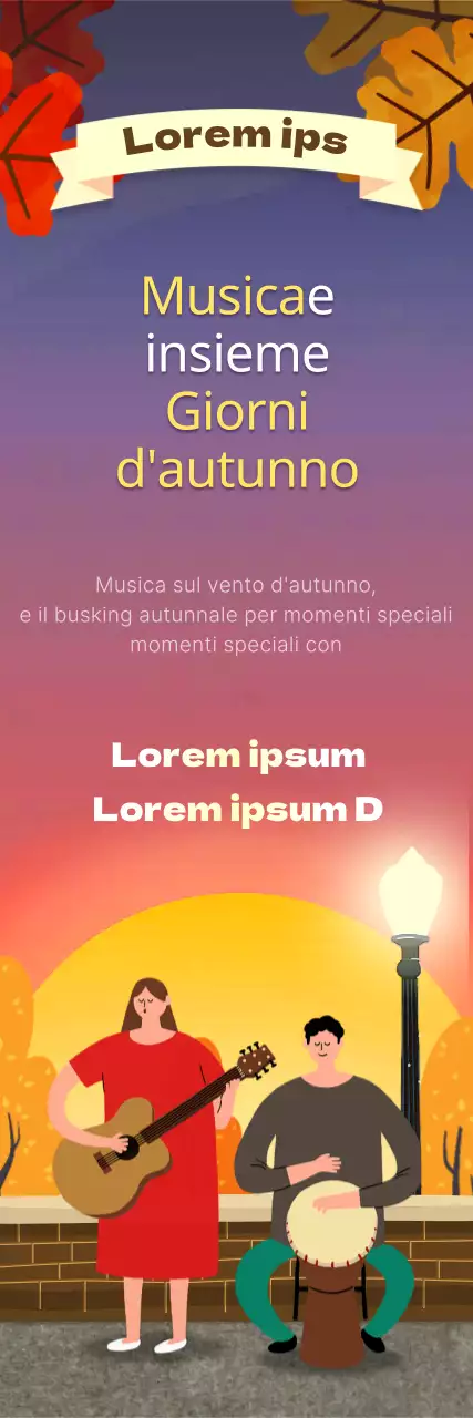 Busking autunnale con foglie autunnali rosse e gialle e sfondo rosa del tramonto