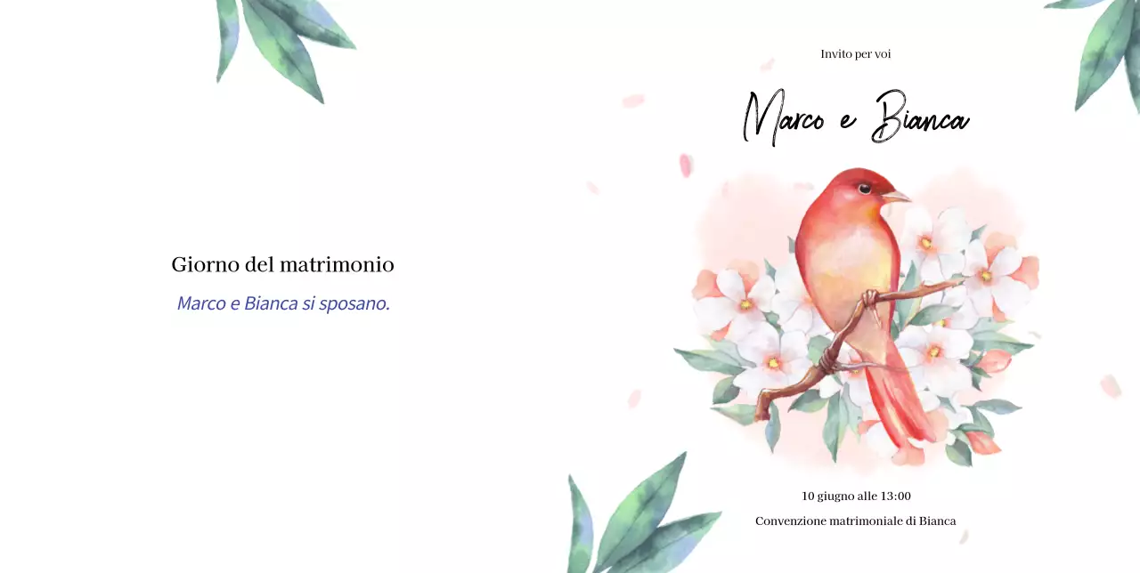 Partecipazione di nozze con fiori d'amore e pappagalli in tonalità rosa