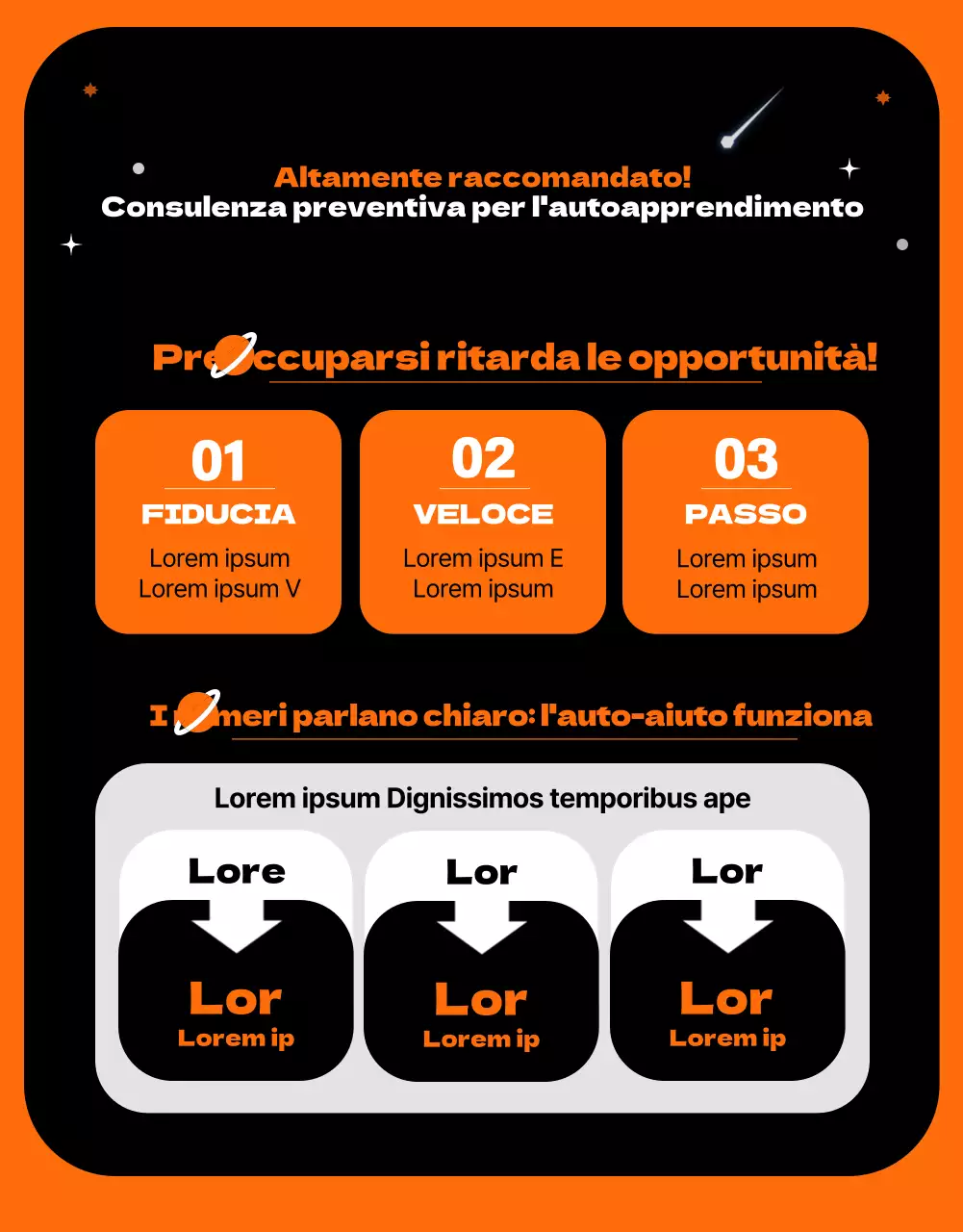 Un concetto di spazio esterno con accenti arancioni Introdurre una scuola di trasferimento unica e divertente