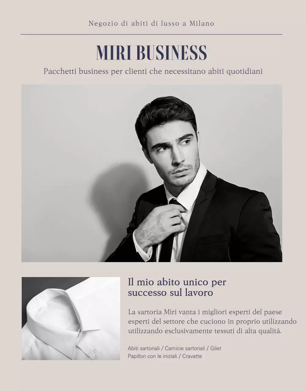 Maestri dell'abbigliamento da cerimonia navy e beige, Miri Tailor Formalwear è specializzato nella sartoria e nel noleggio di abiti Per saperne di più