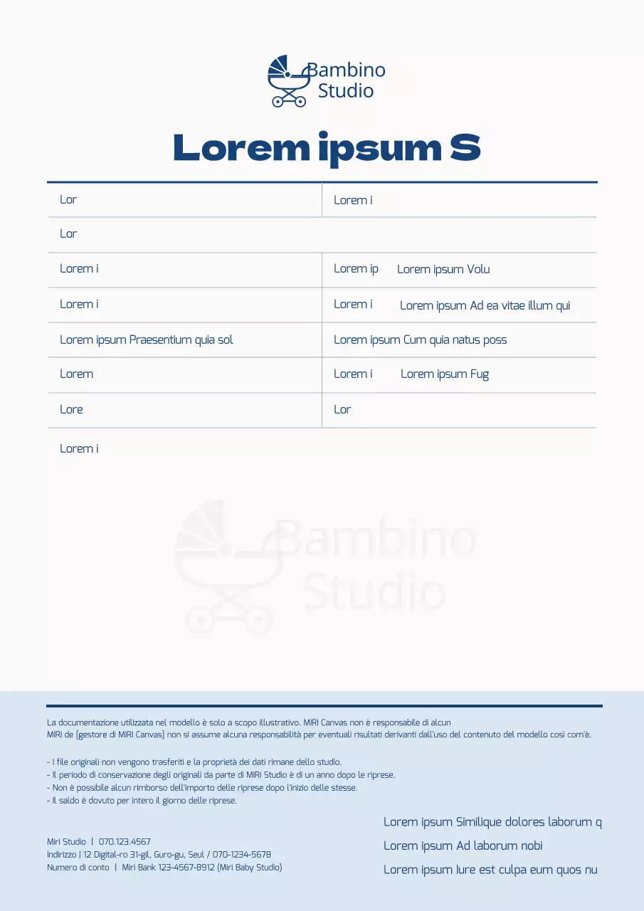 Contratto per il servizio fotografico in studio per bambini blu