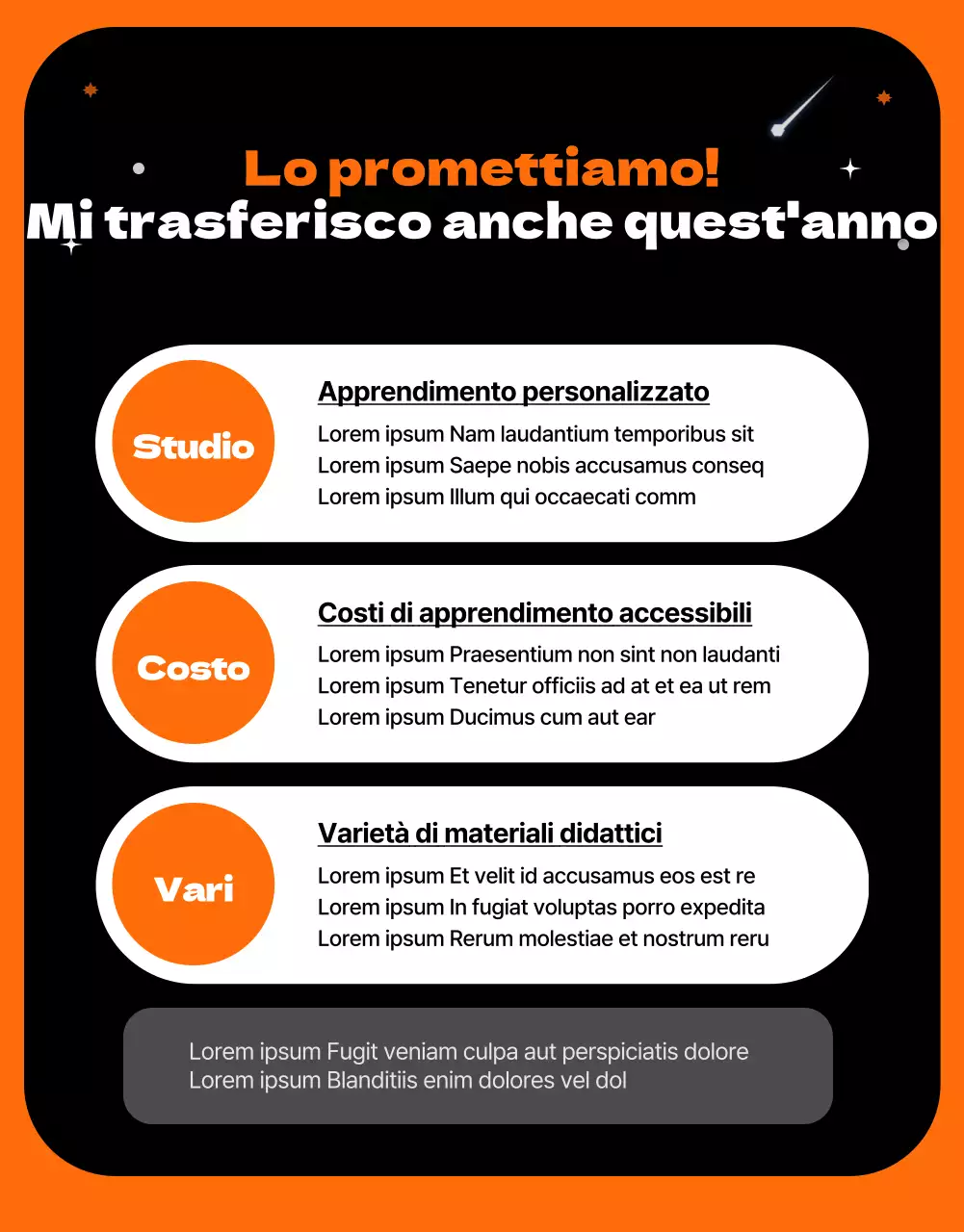 Un concetto di spazio esterno con accenti arancioni Introdurre una scuola di trasferimento unica e divertente