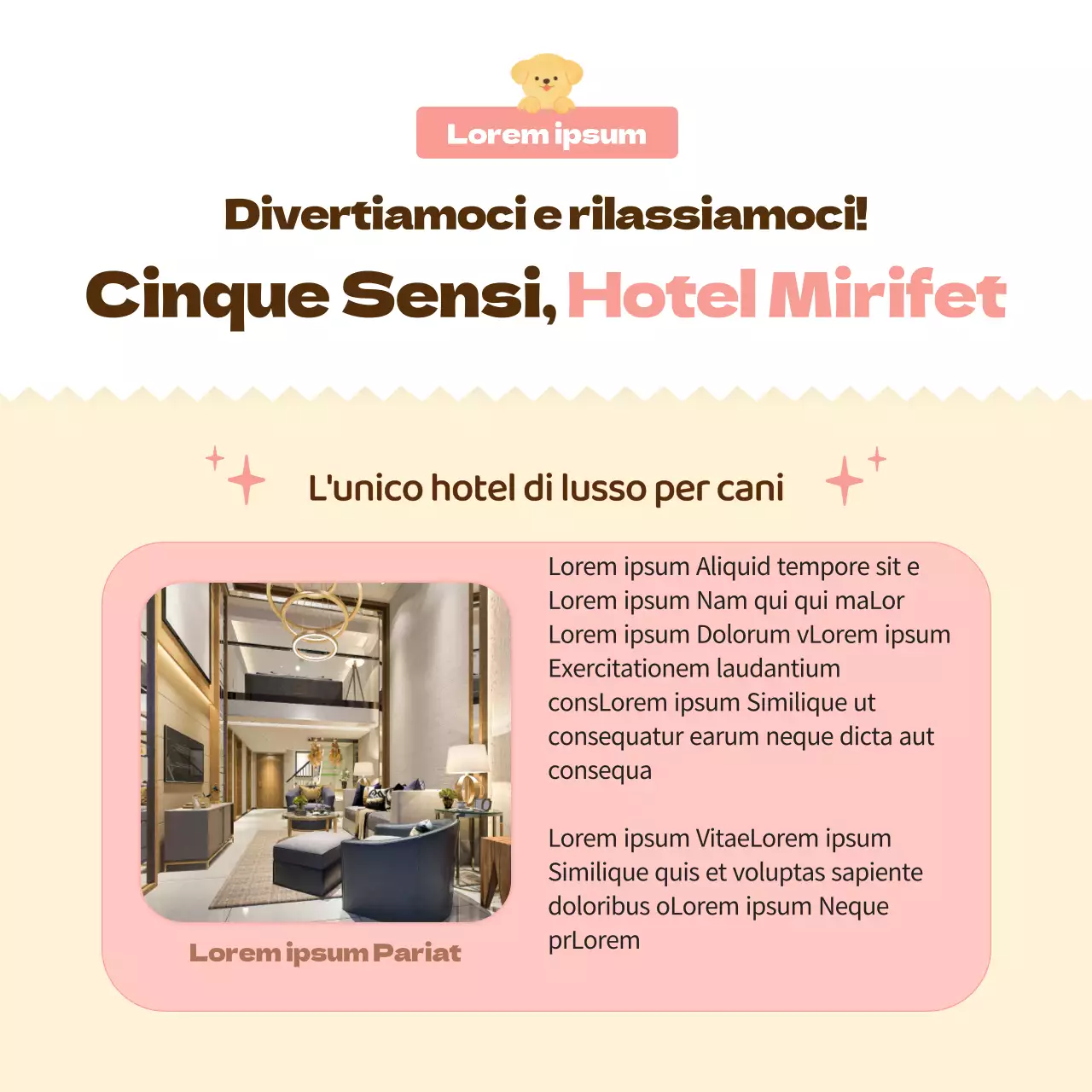 Promuovere un hotel per cani rosa, caldo e coccoloso (CardNews)