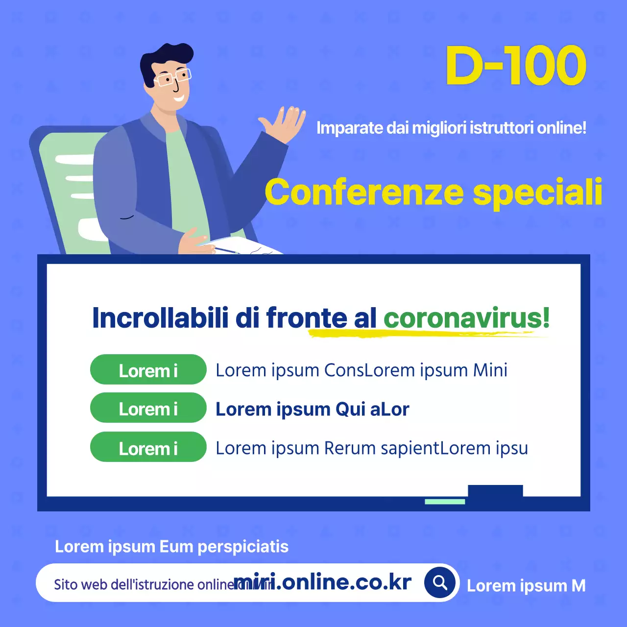 Un annuncio di formazione online sul coronavirus blu e giallo pulito