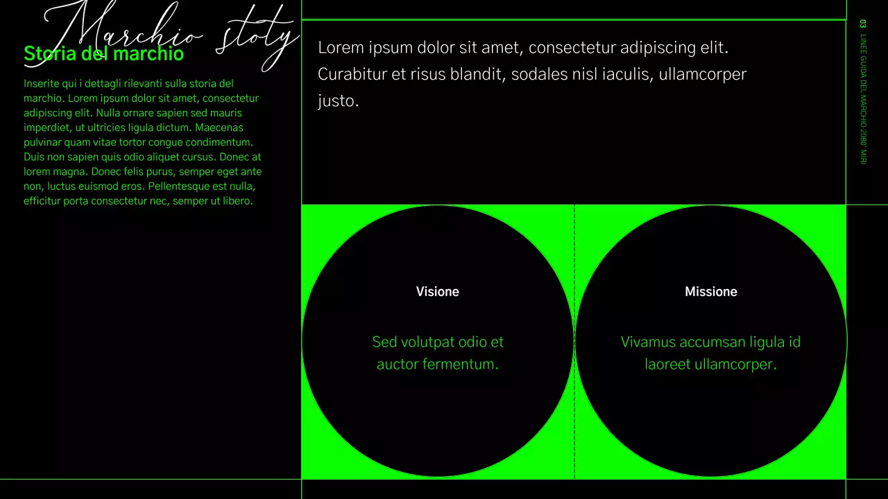 Linee guida dell'identità del marchio in formato griglia verde lime e nero