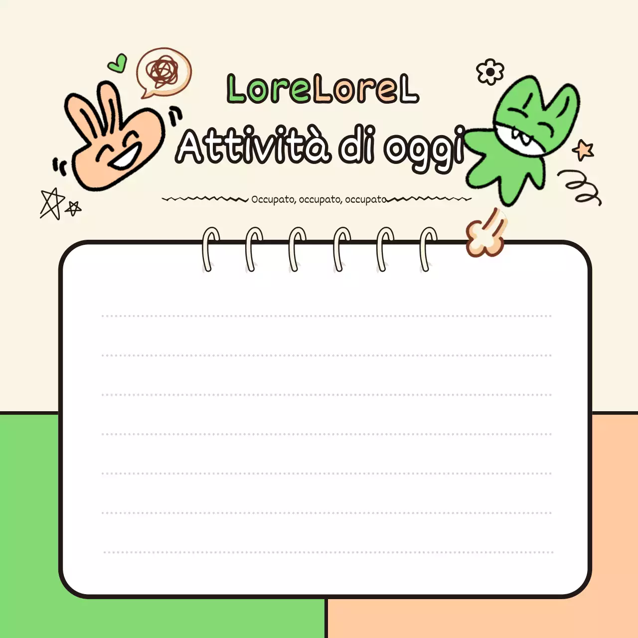 Blocco note con illustrazioni e scrittura a mano ispirate a scarabocchi verdi e arancioni