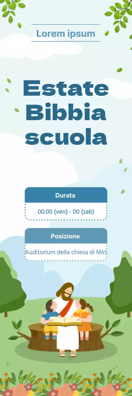 Presentazione di una simpatica scuola biblica estiva della chiesa di colore azzurro e verde