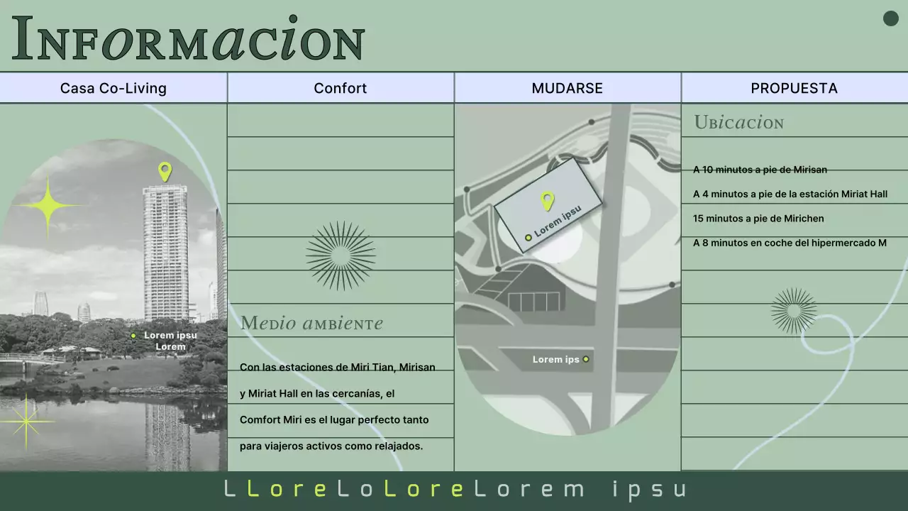 Propuesta de vivienda compartida con fotos y líneas verdes atenuadas