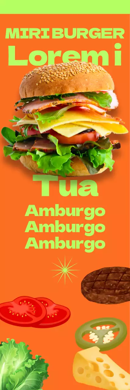 Menu a forma di hamburger con layout di caratteri in grassetto e contrasto di colori complementari