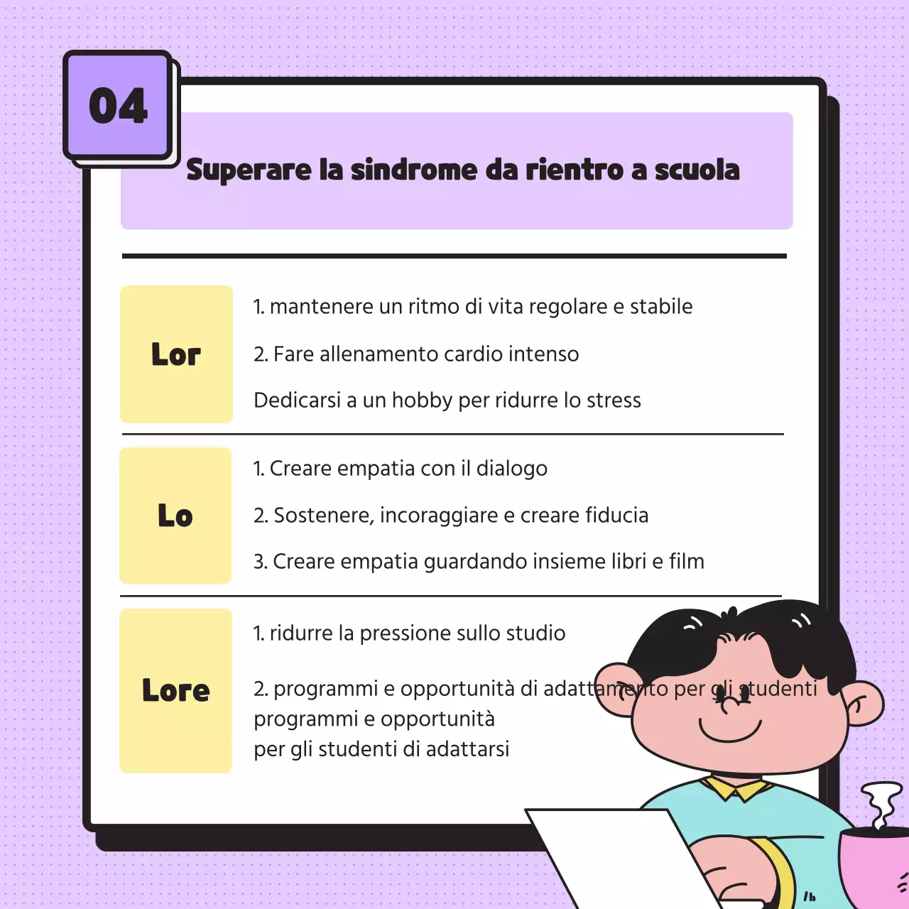Fornire informazioni sulla sindrome del nuovo semestre utilizzando semplici illustrazioni dai toni pastello ed emoticon