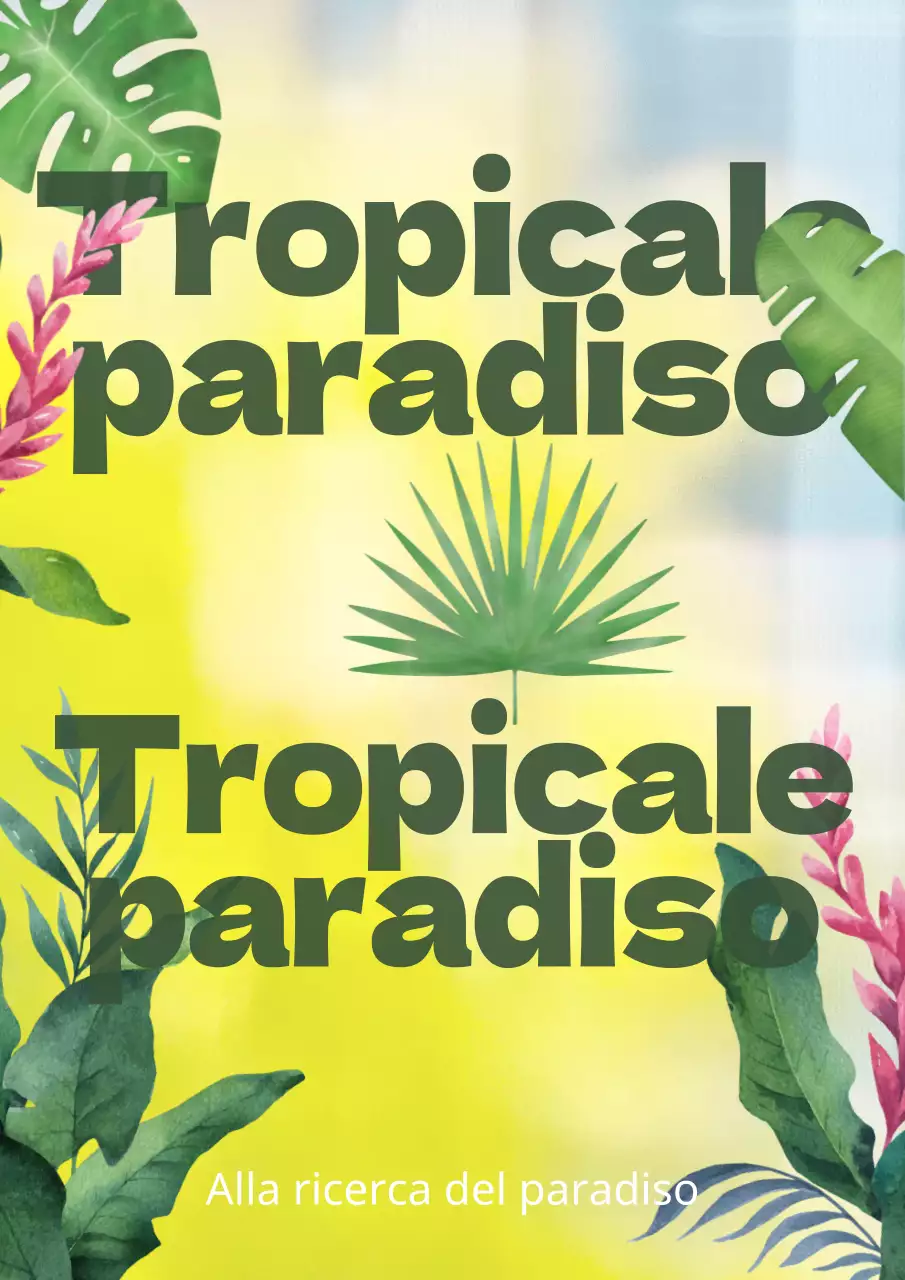 Arte del paradiso tropicale con piante tropicali e testo grunge su sfondo giallo e blu