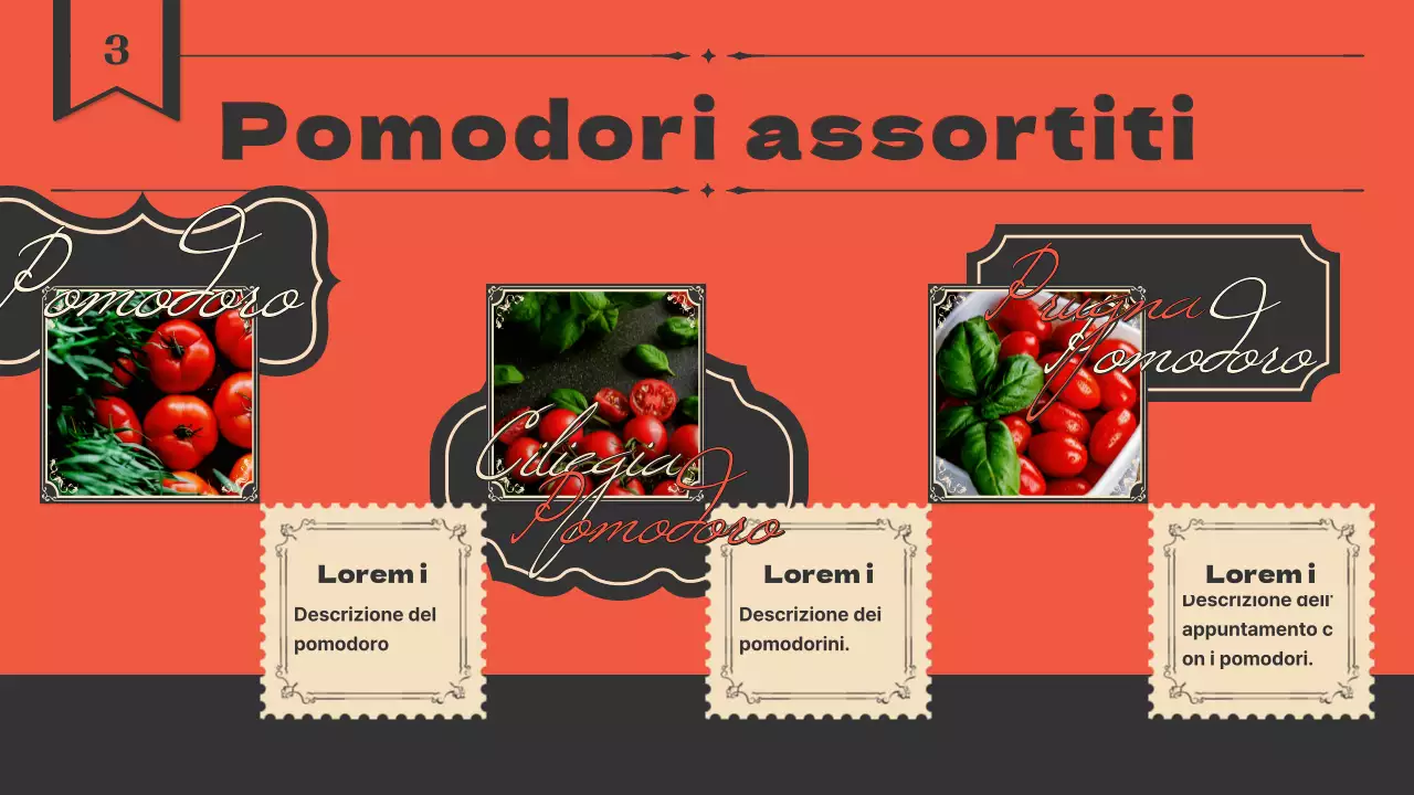Presentazione dei pomodori con un concetto di etichetta vintage in arancione e blu navy