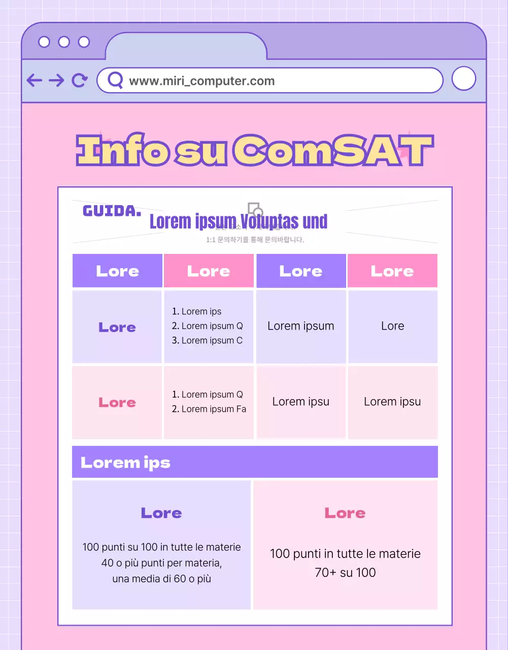 Promuovere corsi di alfabetizzazione informatica con un concetto di sito web rosa e viola.