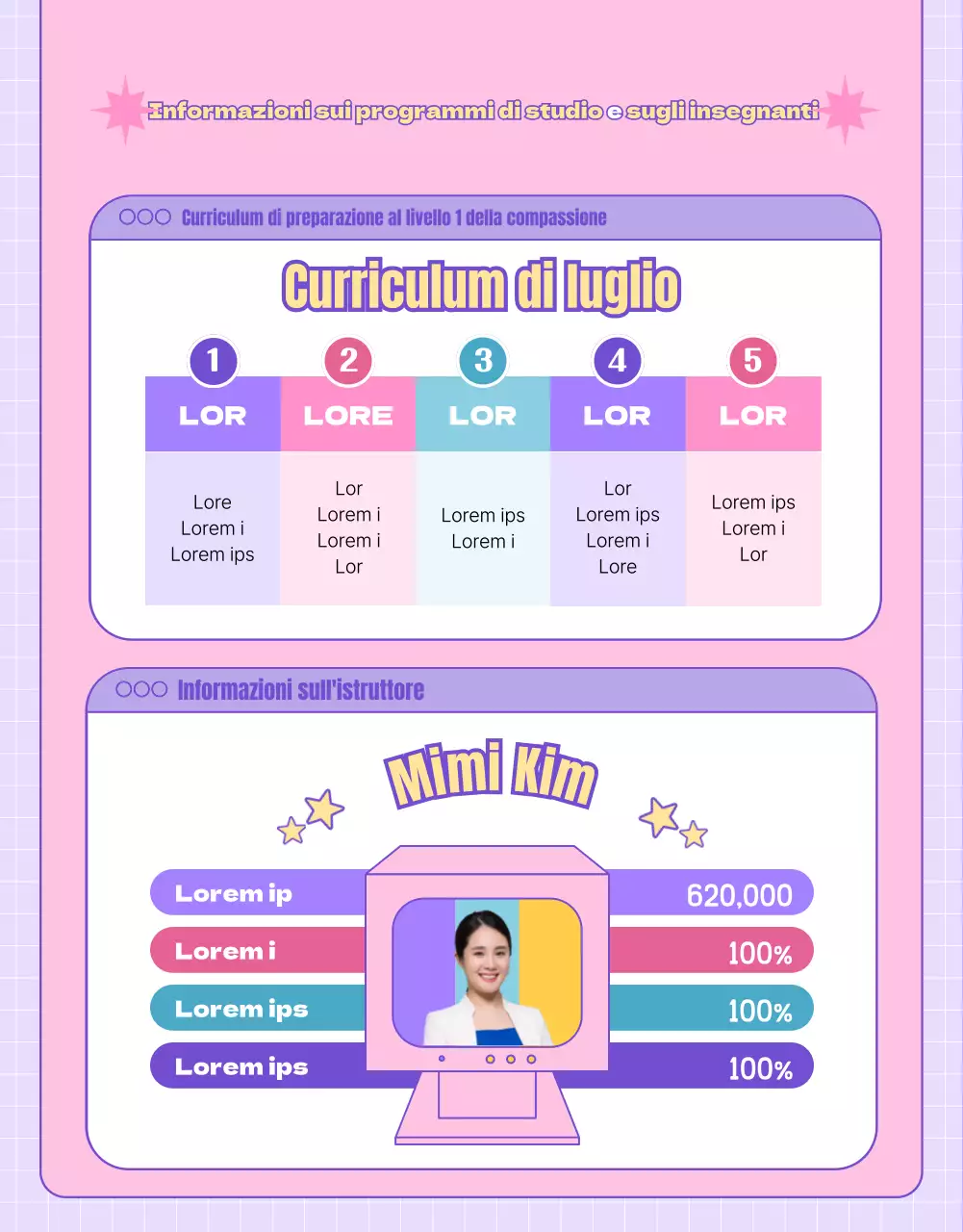 Promuovere corsi di alfabetizzazione informatica con un concetto di sito web rosa e viola.