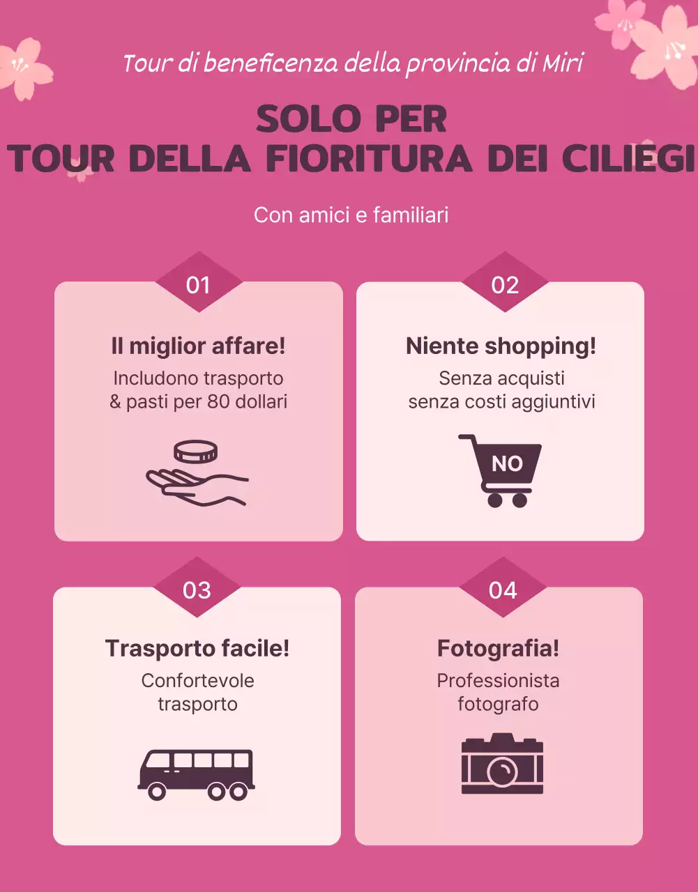 Graziose illustrazioni di fiori di ciliegio in rosa pastello per promuovere il viaggio