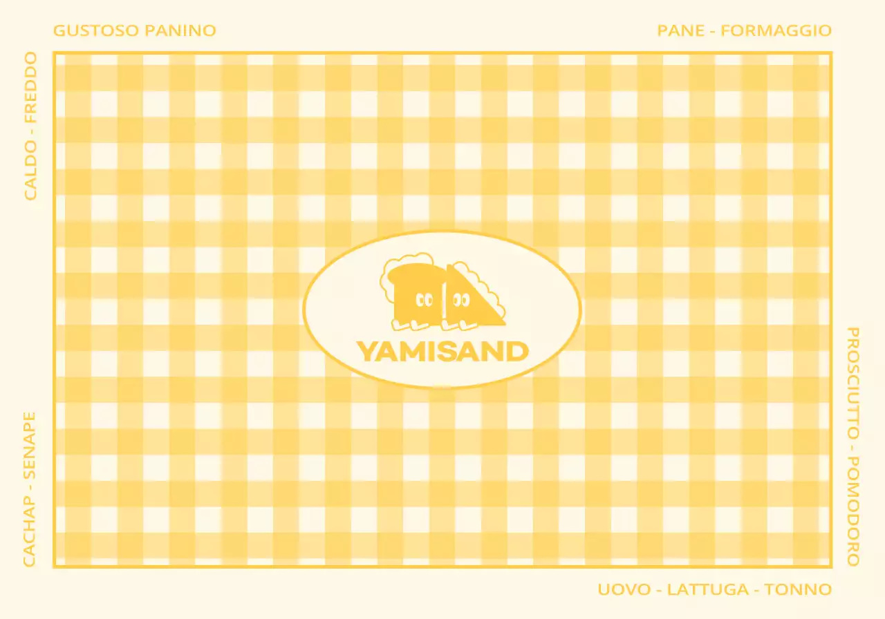 Merchandising per paninoteca con motivo a quadri rossi e gialli e tasca pieghevole con un simpatico personaggio.