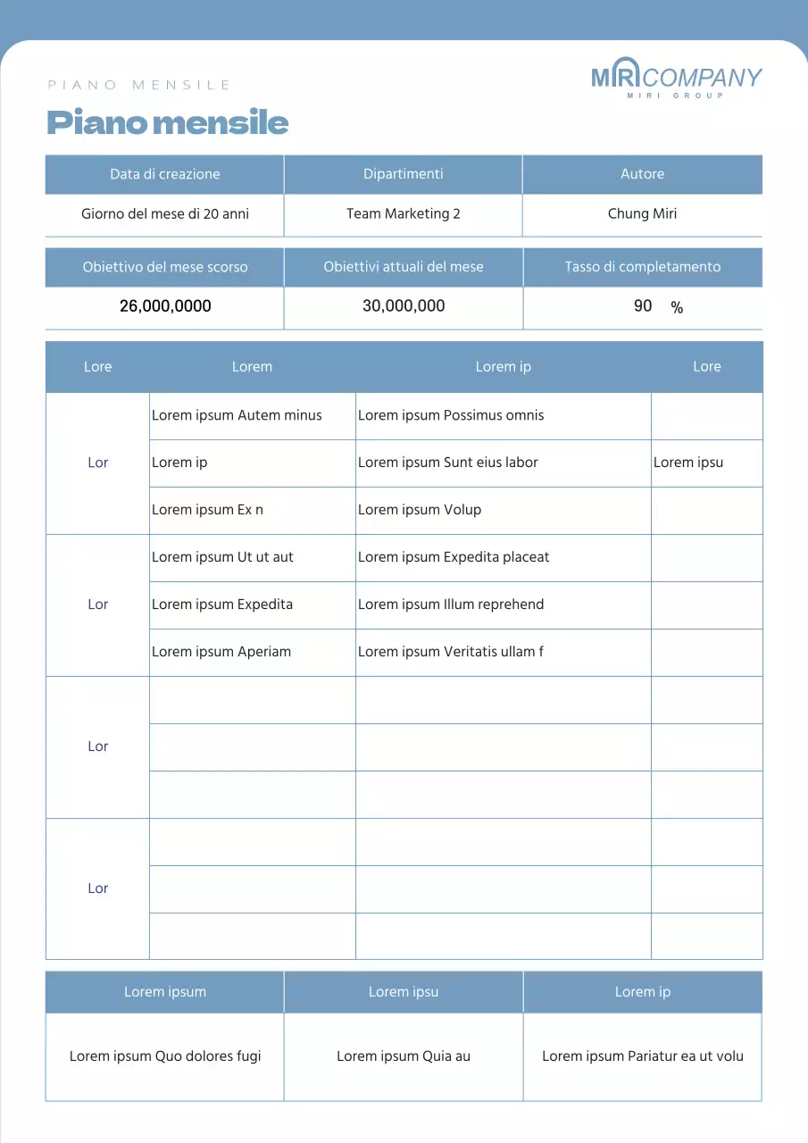 Un piano di lavoro mensile pulito e di colore blu