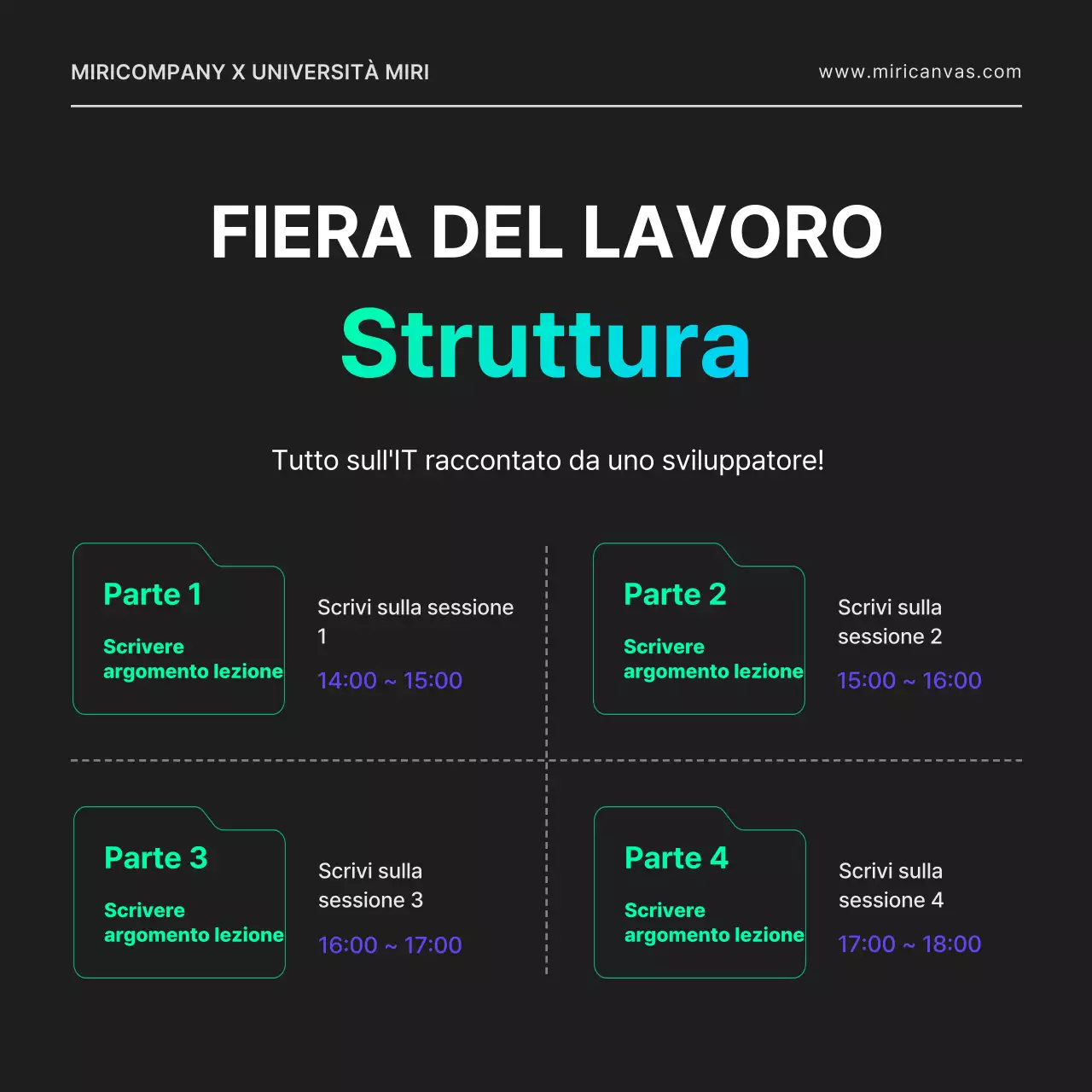 Una fiera del lavoro online per uno sviluppatore IT con un'atmosfera city-pop, caratterizzata da forme geometriche in nero e colori al neon.