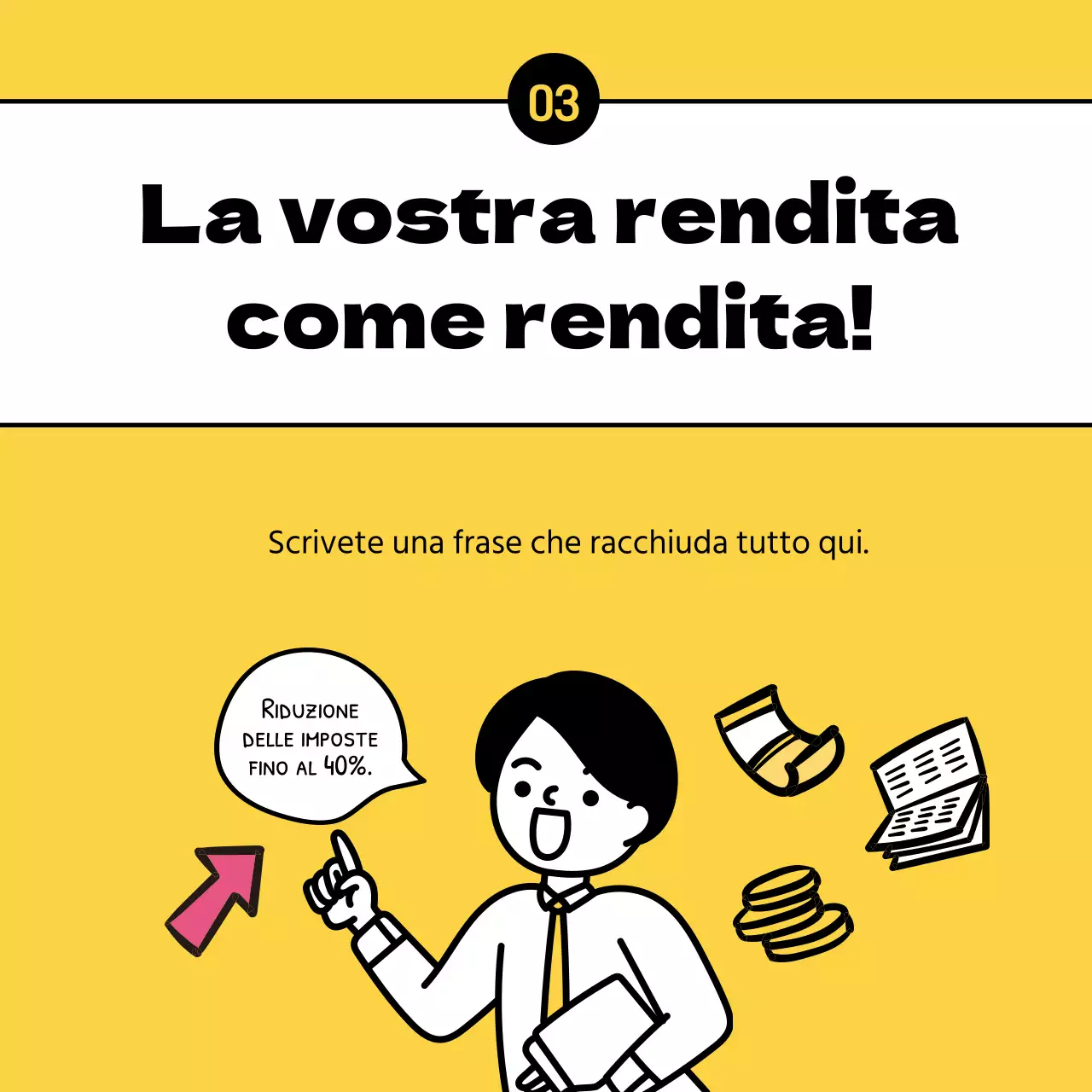 Illustrazioni chiare e gialle evidenziano i consigli di risparmio fiscale per i pensionati