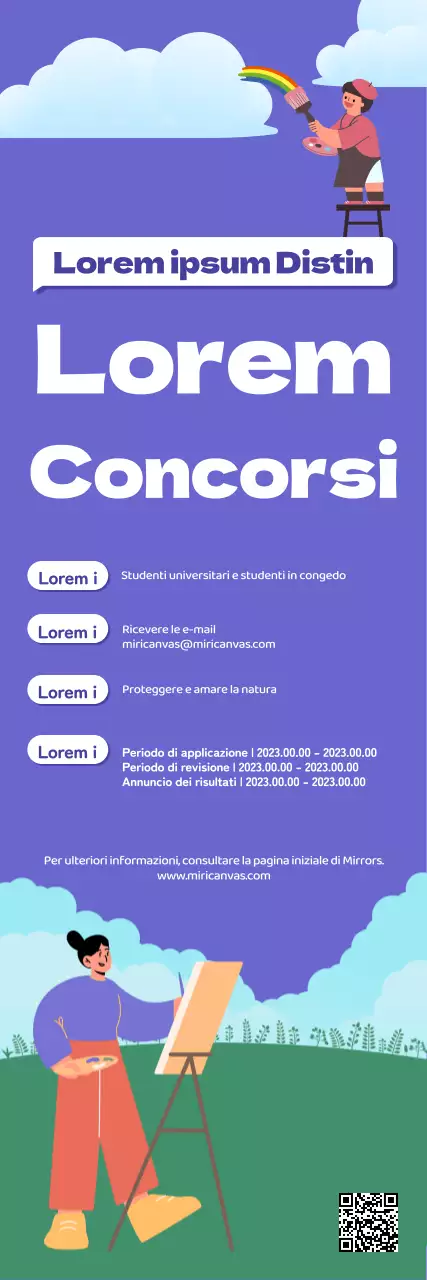 Concorso di illustrazione con un personaggio pittore che dipinge in un campo verde e viola.