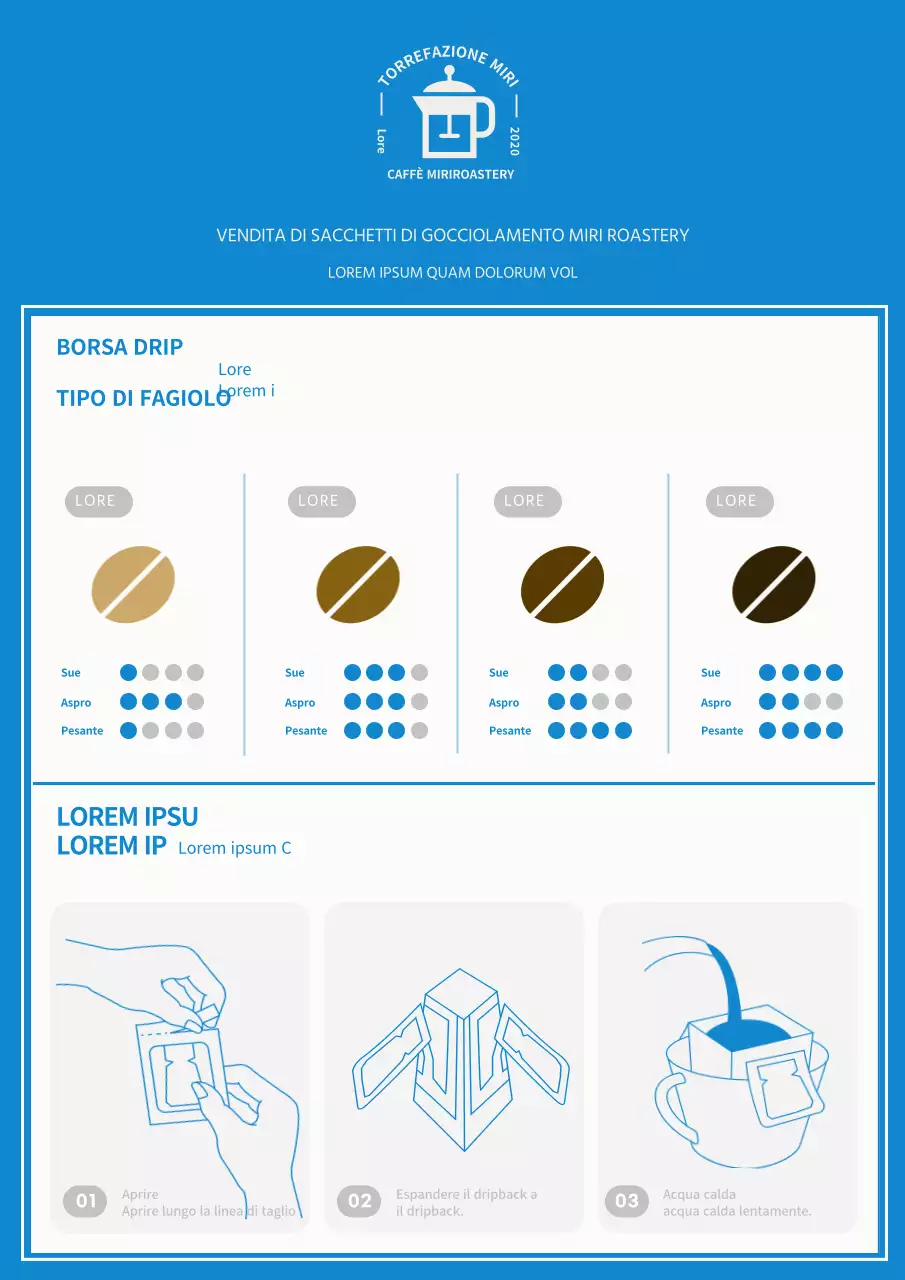 Poster di vendita per caffetterie con sacchetto a goccia semplice di colore azzurro