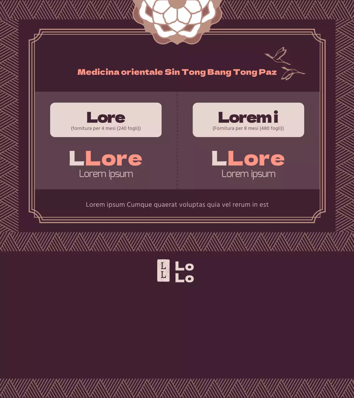 Guida ai prodotti di medicina orientale con concetto di cornice tradizionale in viola scuro e bianco