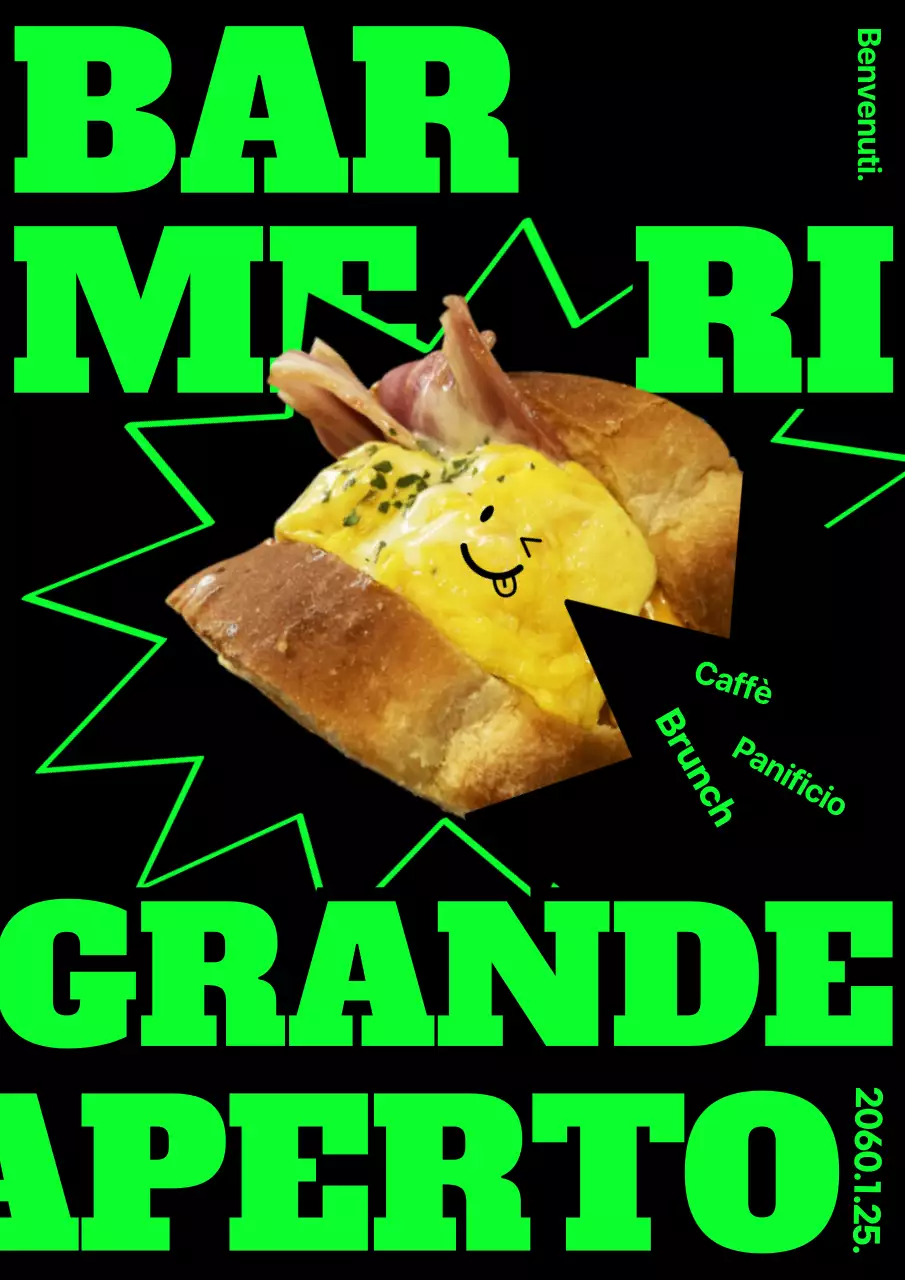 Apertura di un caffè-pasticceria alla moda in nero e verde neon (poster web verticale)