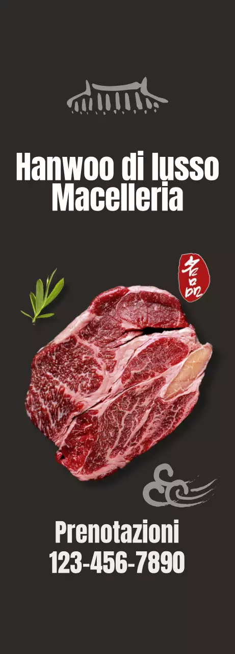 Promuovete un ristorante pulito di ispirazione coreana con immagini di carne coreana su sfondo nero.