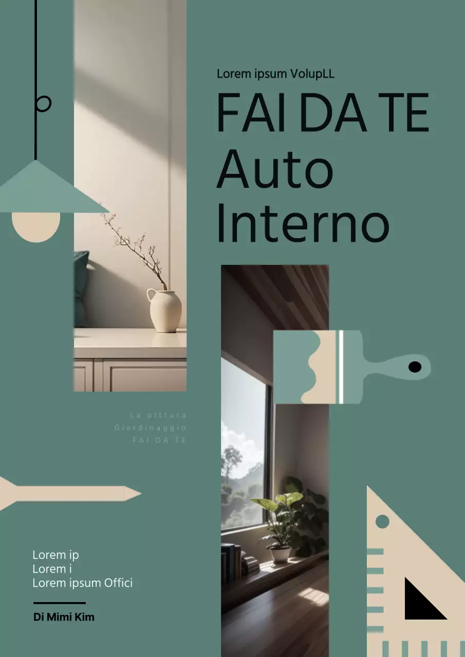 Libro interno con cornici fotografiche verdi e beige e illustrazioni di strumenti interni