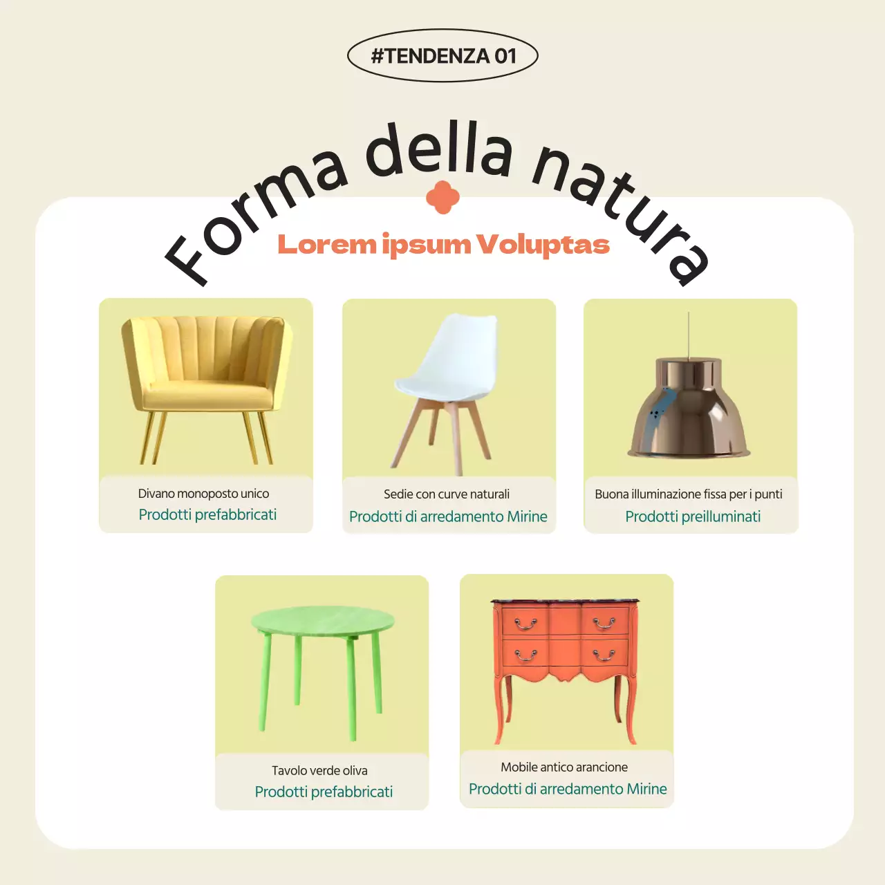 Una selezione di interni puliti e tranquillizzanti in arancione vintage.