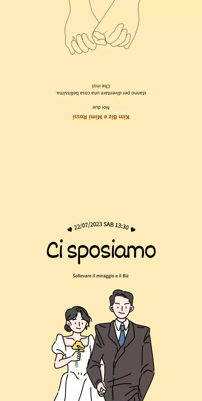 Invito di matrimonio con una simpatica coppia di sposi su sfondo giallo