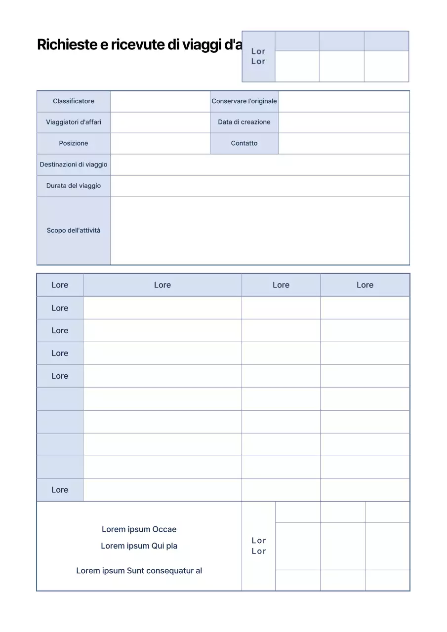 Modello semplice di richiesta di rimborso spese e di documentazione delle ricevute in tonalità blu