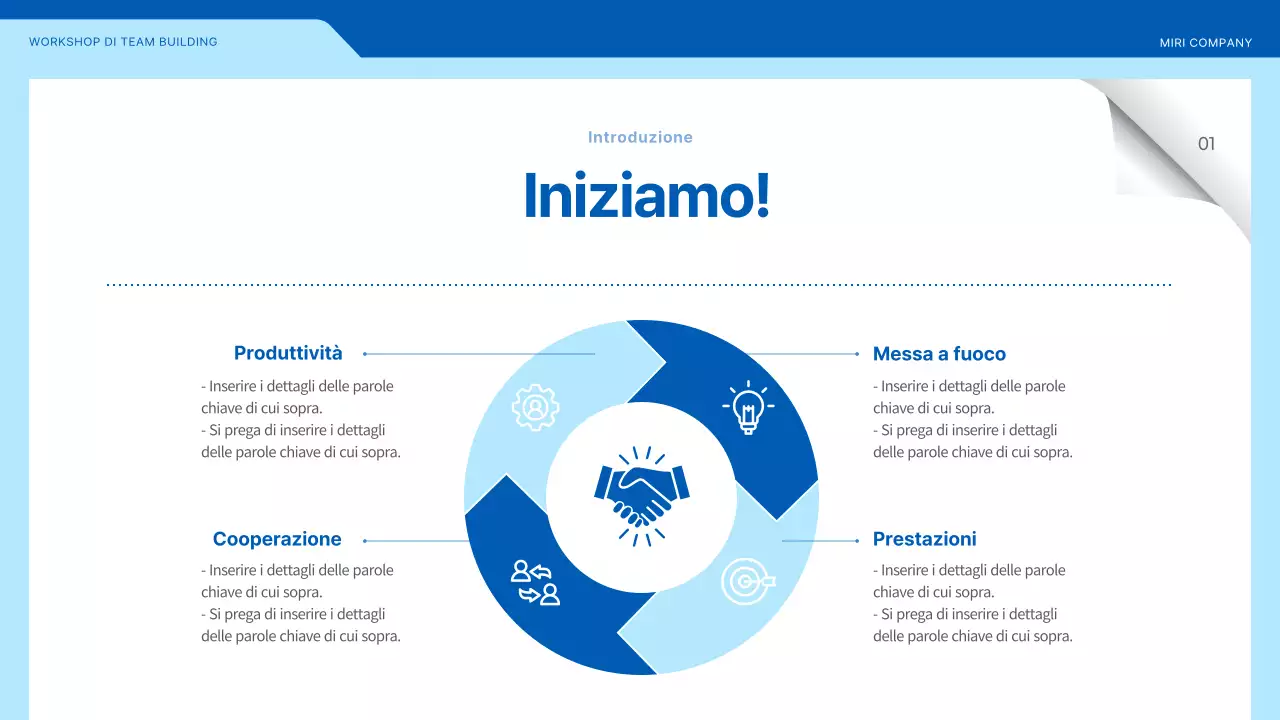 Laboratorio di team building che evidenzia le illustrazioni in blu e giallo