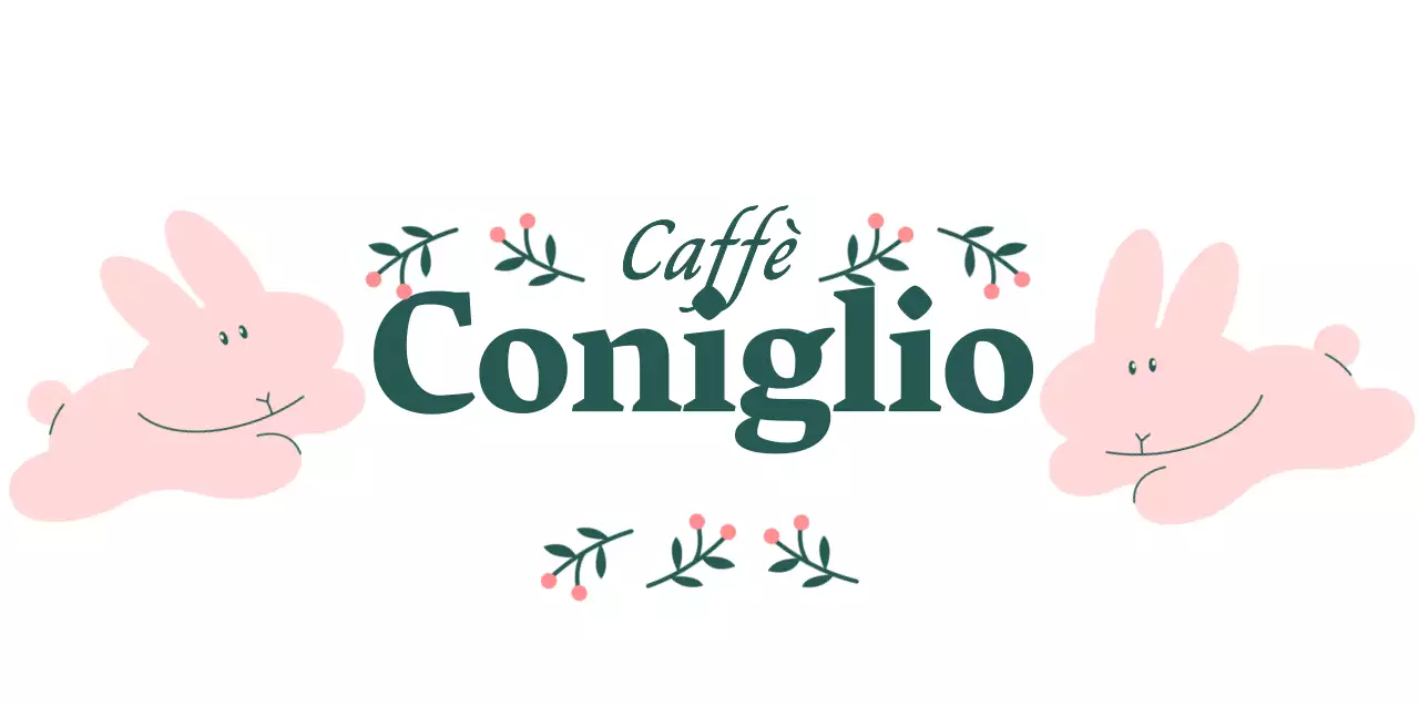 Merchandising da bar di ispirazione vintage con illustrazioni di simpatici coniglietti e piante di bacche in rosa e verde.