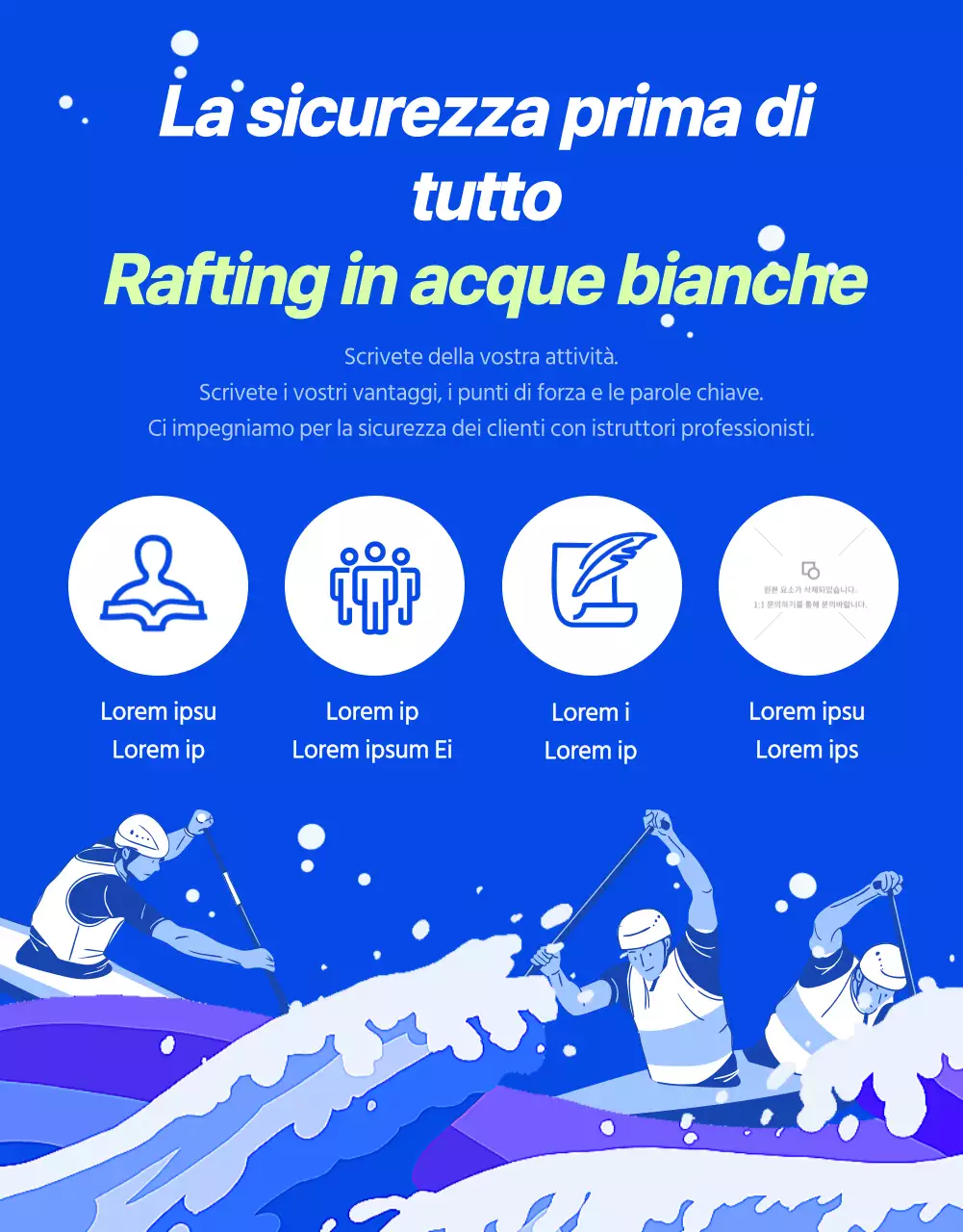 Promuovere il rafting attivo con schizzi d'acqua su sfondo blu
